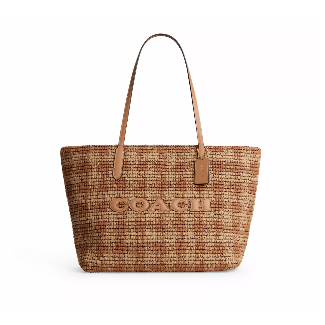 Coach City Tote Bag With Gingham Print straw Gold Tan