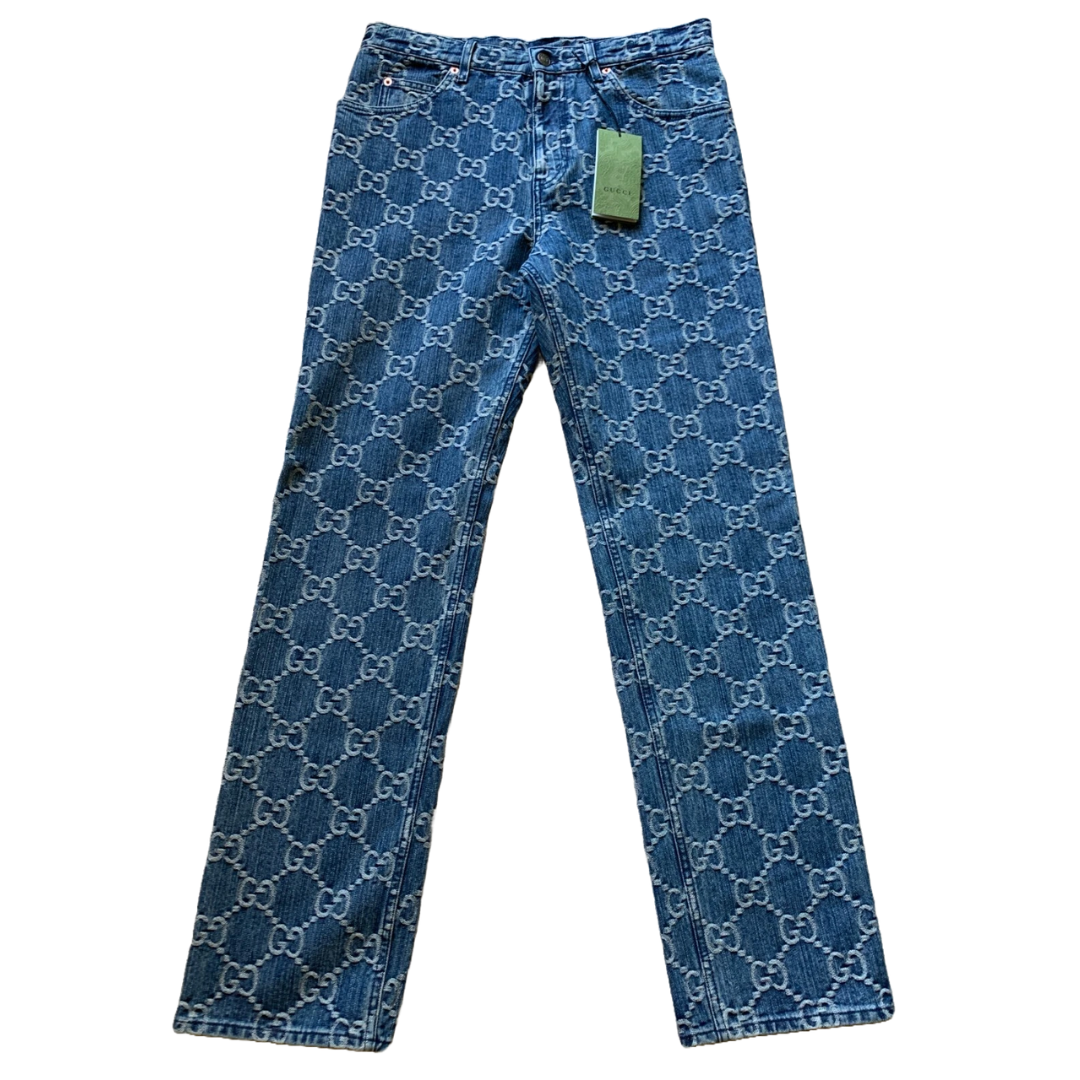 GUCCI MENS GG JACQUARD BLUE COTTON DENIM JEANS BLUE