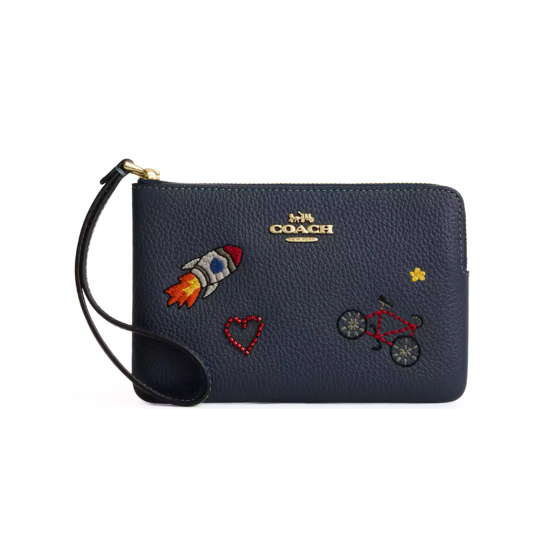 Coach Corner Zip Wristlet pebbled leather Gold Dark Denim