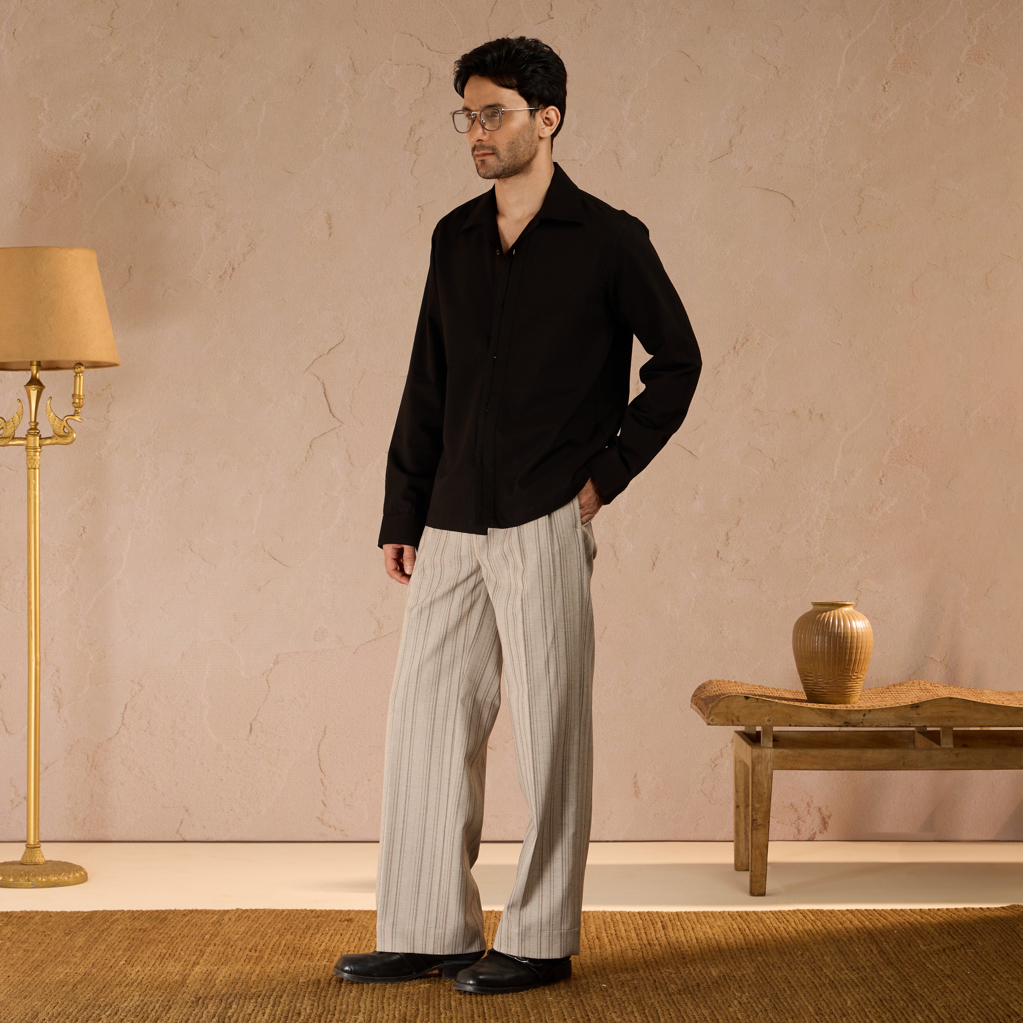 HALF PLACKET COTTON OXFORD SHIRT - BLACK