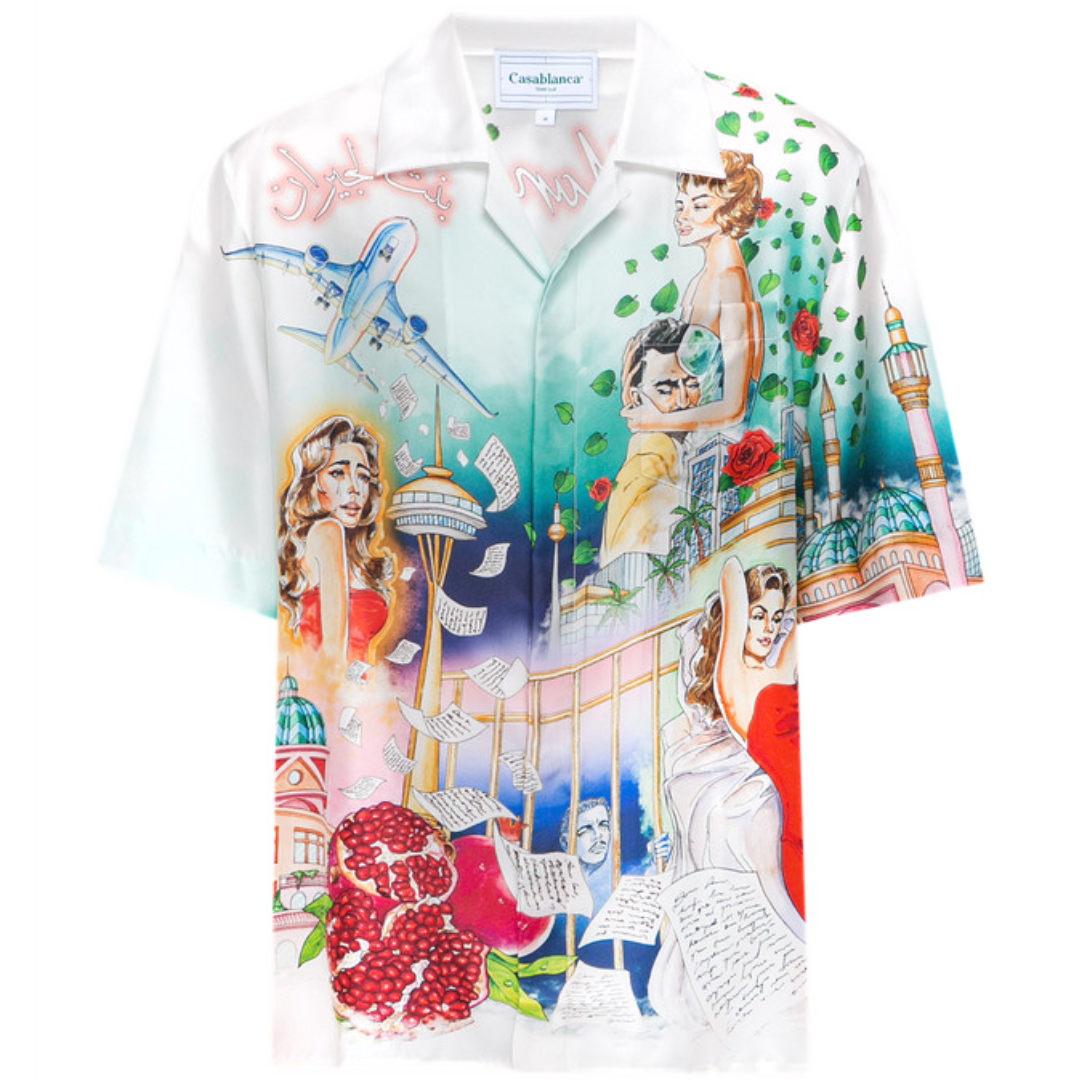 CASABLANCA SKILL TWILL CUBAN COLLAR SHORT SLEEVE S WHITE BLUE