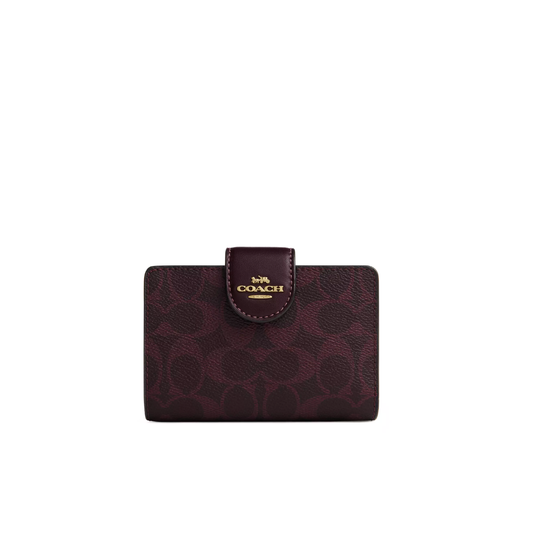 Coach Medium Corner Zip Wallet In Signature Canvas Gold Black Currant