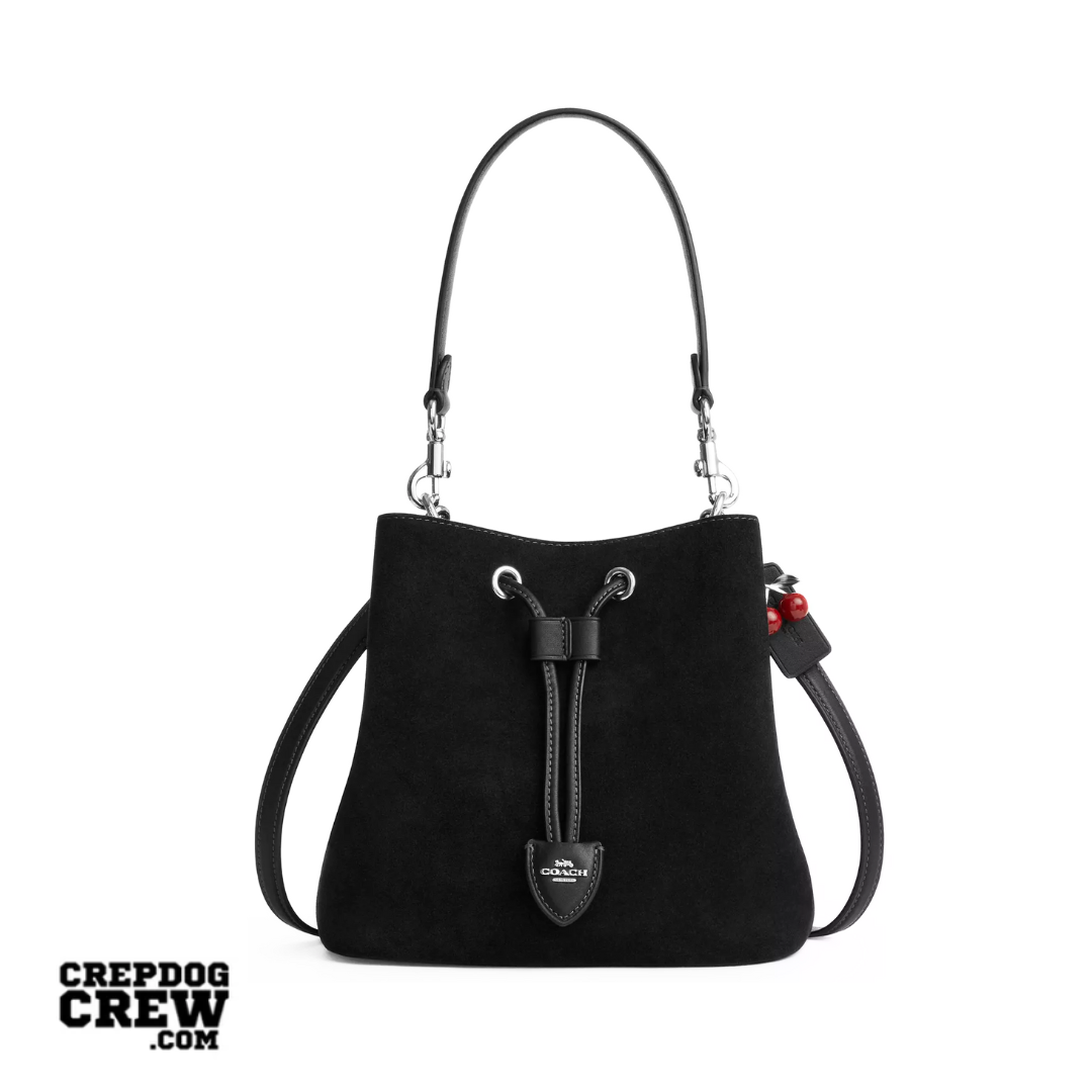 Coach Rowan Bucket Bag With Cherry Charm suede Silver Black
