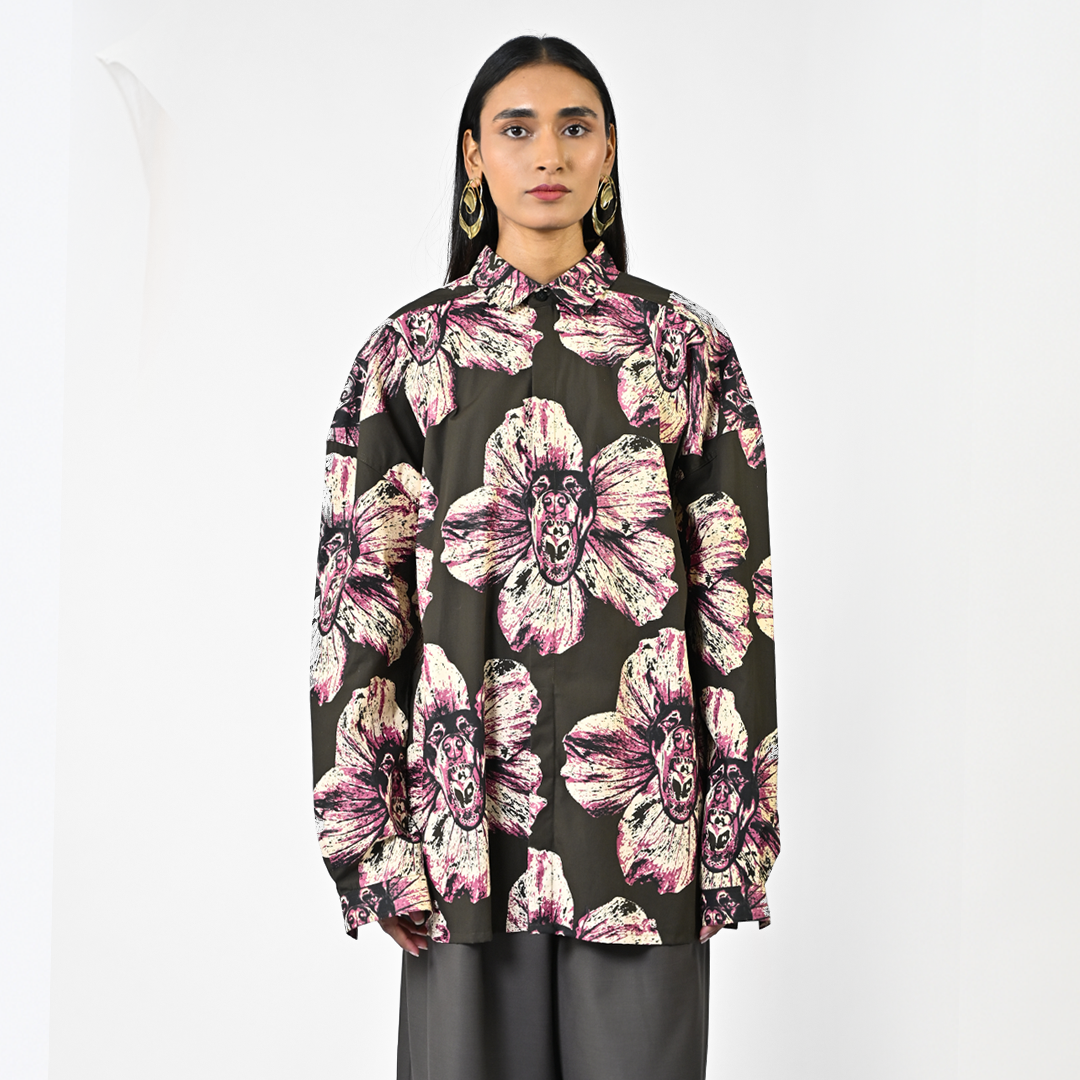 Canine printed oversized cotton shirt - Dark Green