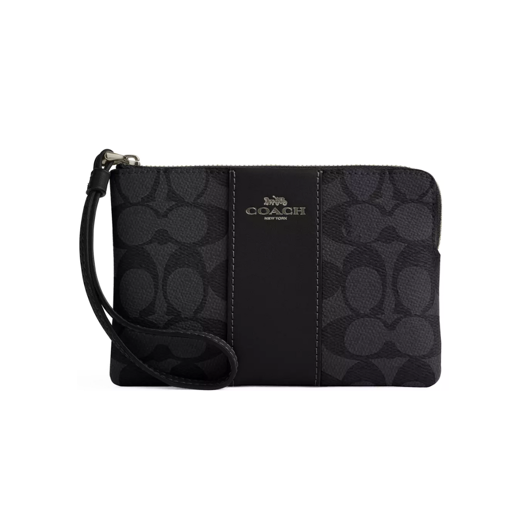 Coach Corner Zip Wristlet Signature Canvas With Stripe Gunmetal Charcoal Black
