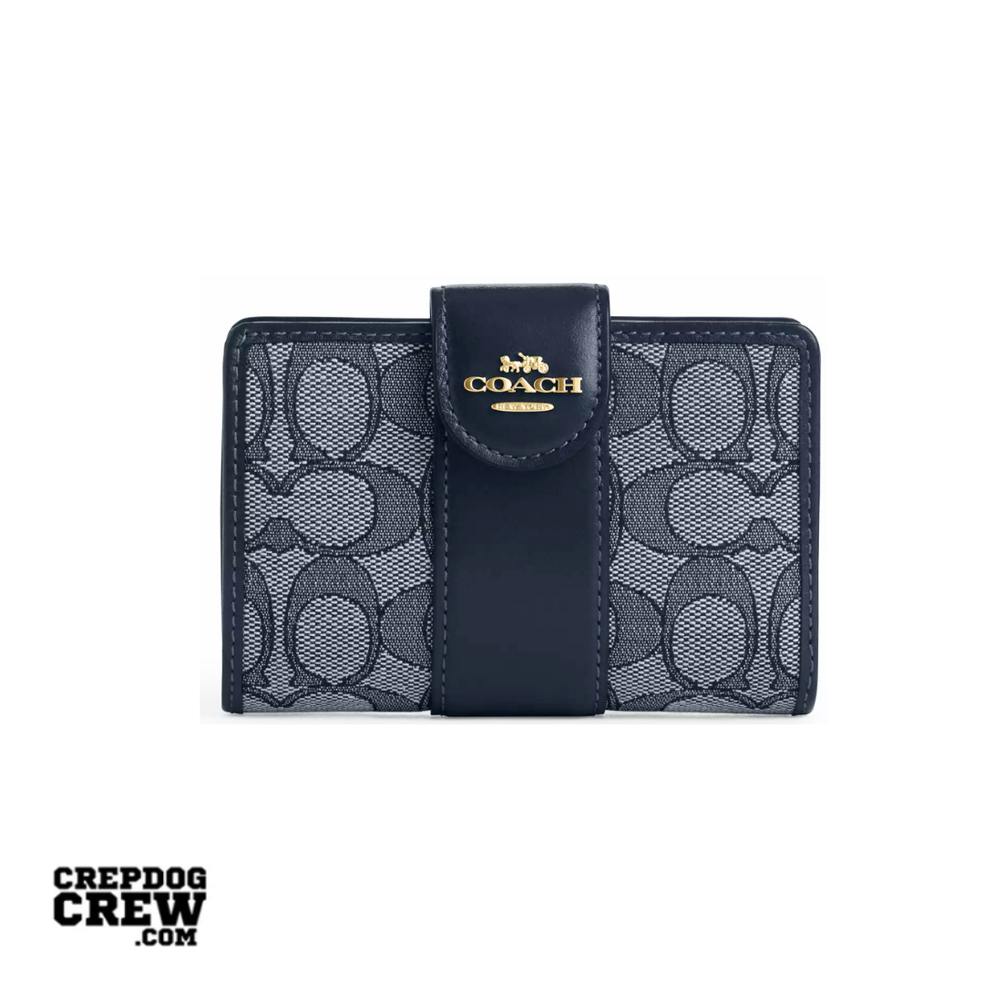 Coach Medium Corner Zip Wallet In Signature Jacquard Gold Navy Midnight Navy