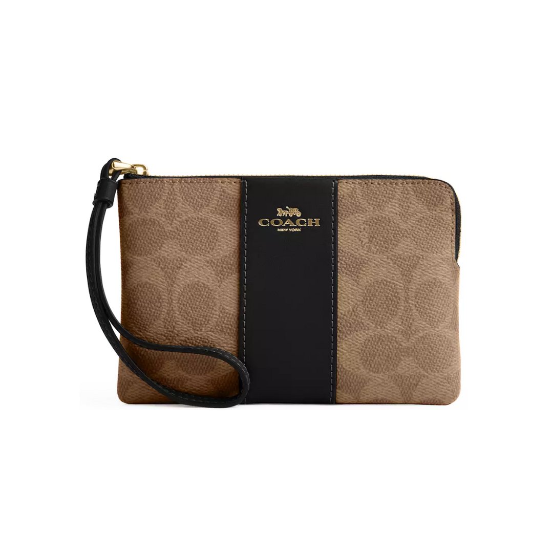 Coach Corner Zip Wristlet Signature Canvas With Stripe Gold Tan Black