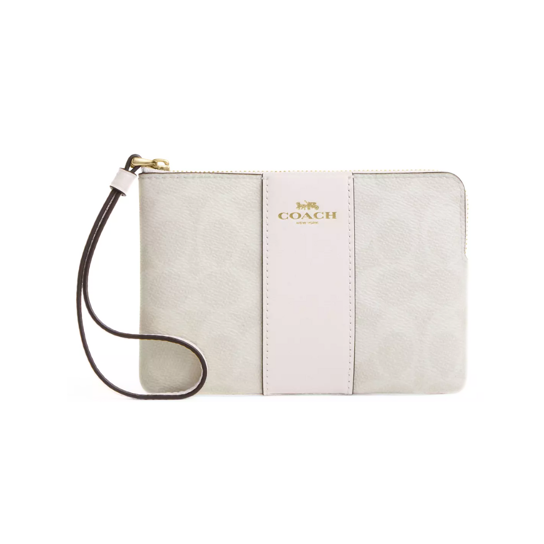 Coach Corner Zip Wristlet Signature Canvas With Stripe Gold White Chalk