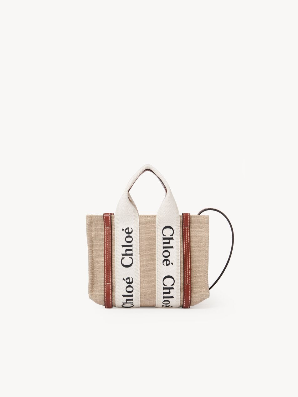CHLOE Mini Woody tote bag in linen White - Brown