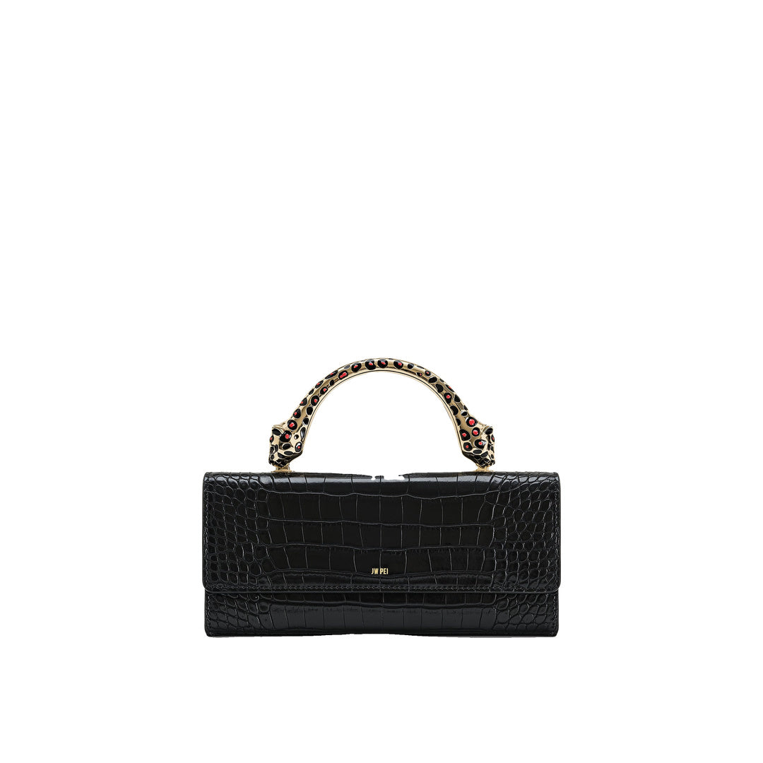 JW PEI Maya Leopard-Shaped Hardware Handle Top Handle Bag - Black Croc