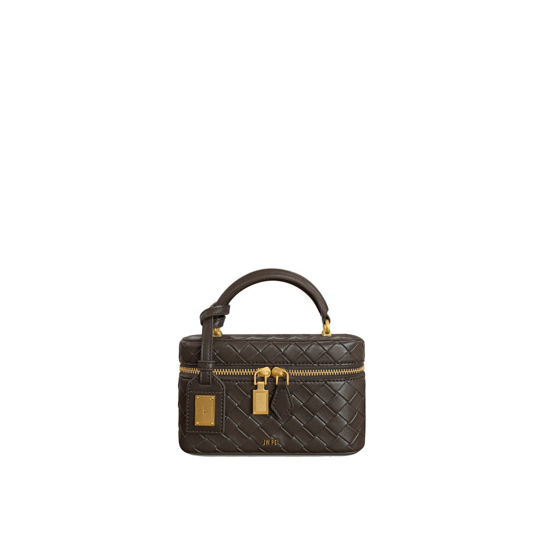 JW PEI Cleo Woven Texture Box Shape Top Handle Bag - Dark Brown