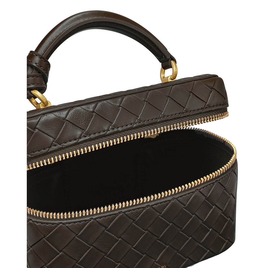JW PEI Cleo Woven Texture Box Shape Top Handle Bag - Dark Brown