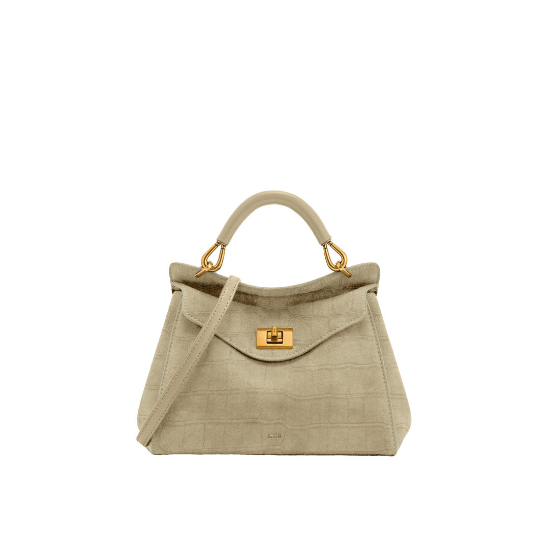 JW PEI Lucia Classic Croc-Embossed Faux Suede Top Handle Bag - Light Beige