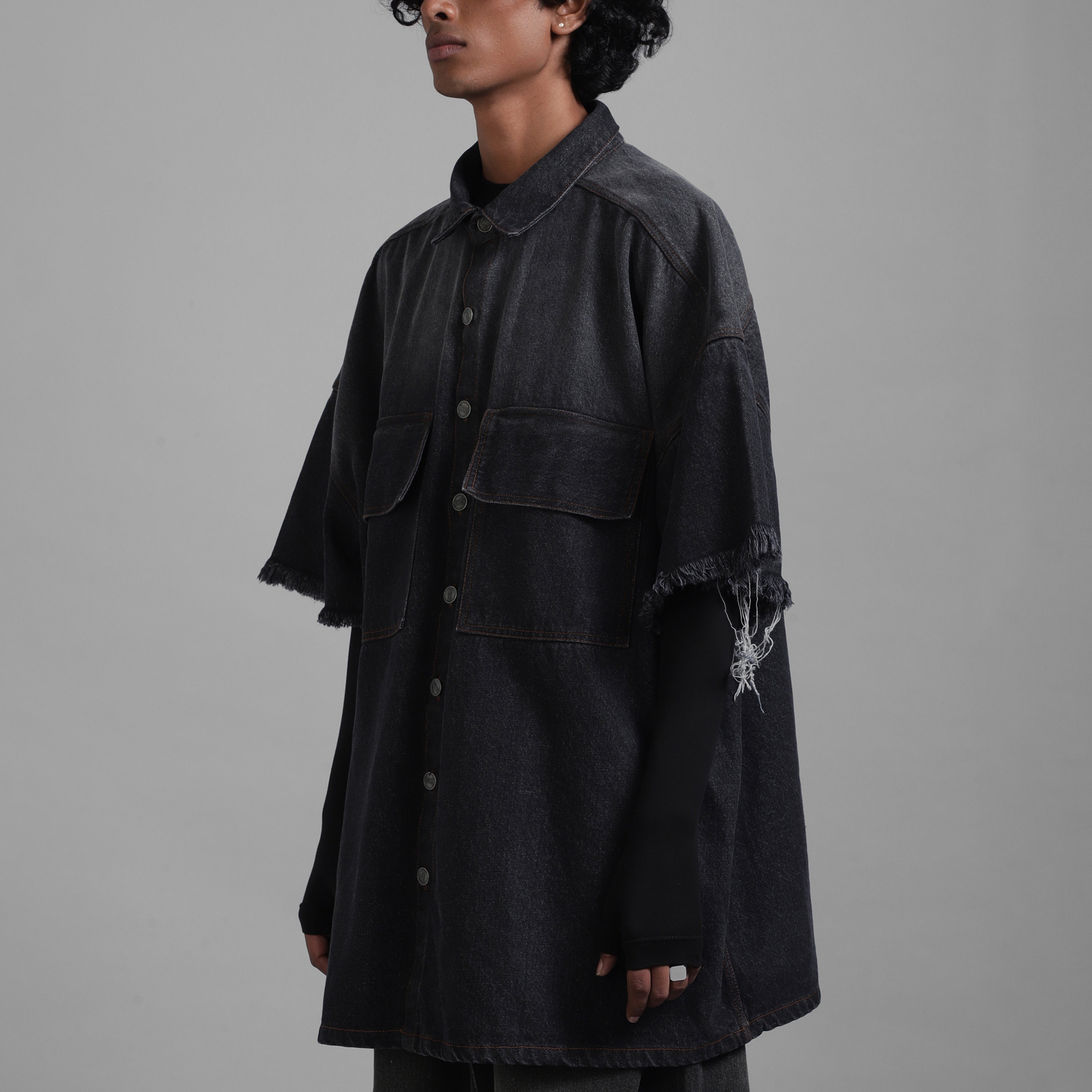 SuperHUEMN Dark Wash Faded Effect Denim Overshirt with Patched Pockets (Black)