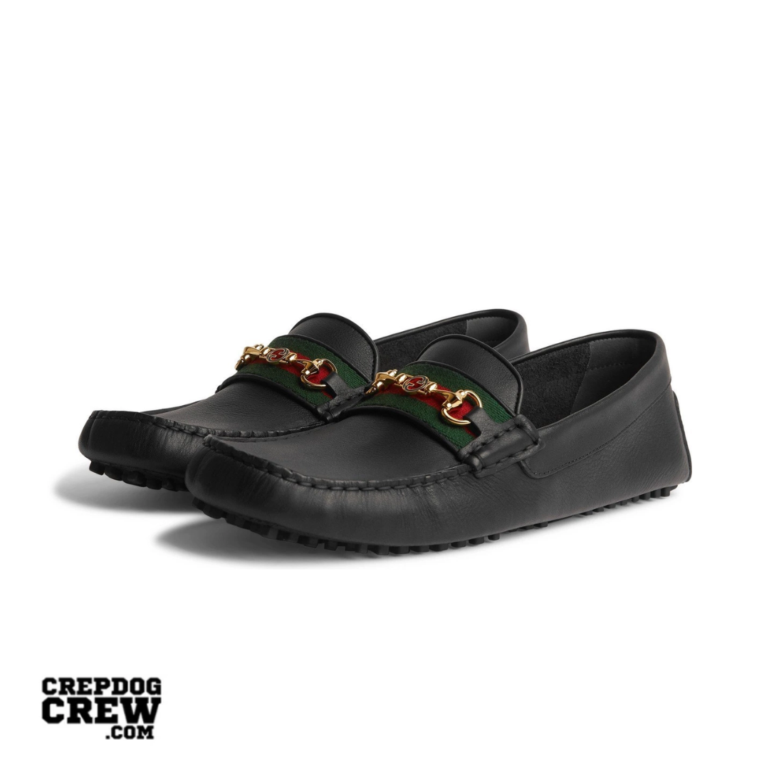 Gucci Ayrton Webbing-Trimmed Horsebit Leather Driver Loafers Black