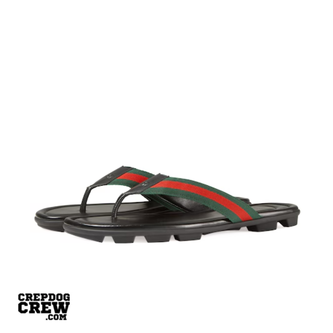 Gucci Web and Leather Thong Sandal Black Leather