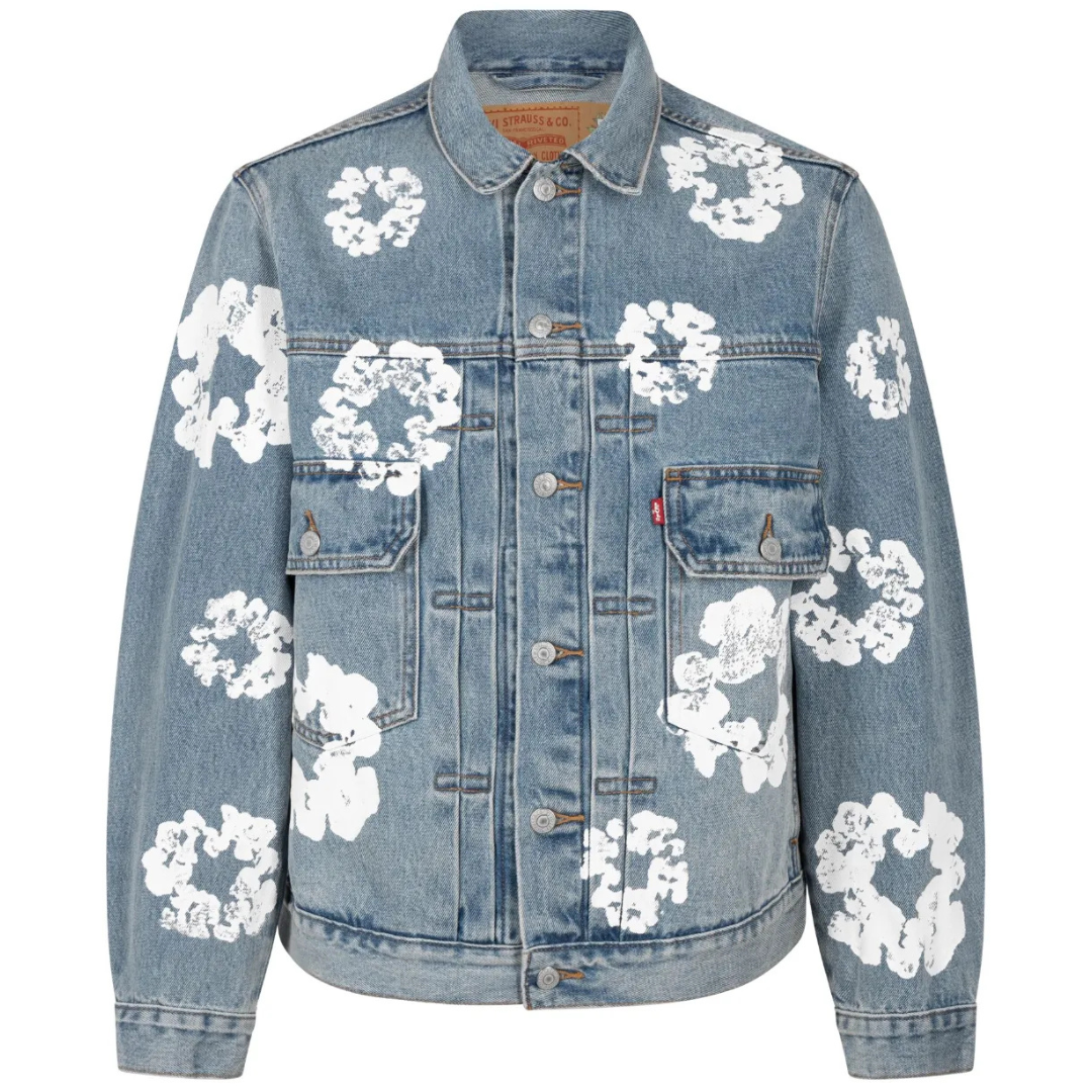 DENIM TEARS X LEVIS WREATH PRINT DENIM JACKET BLUE