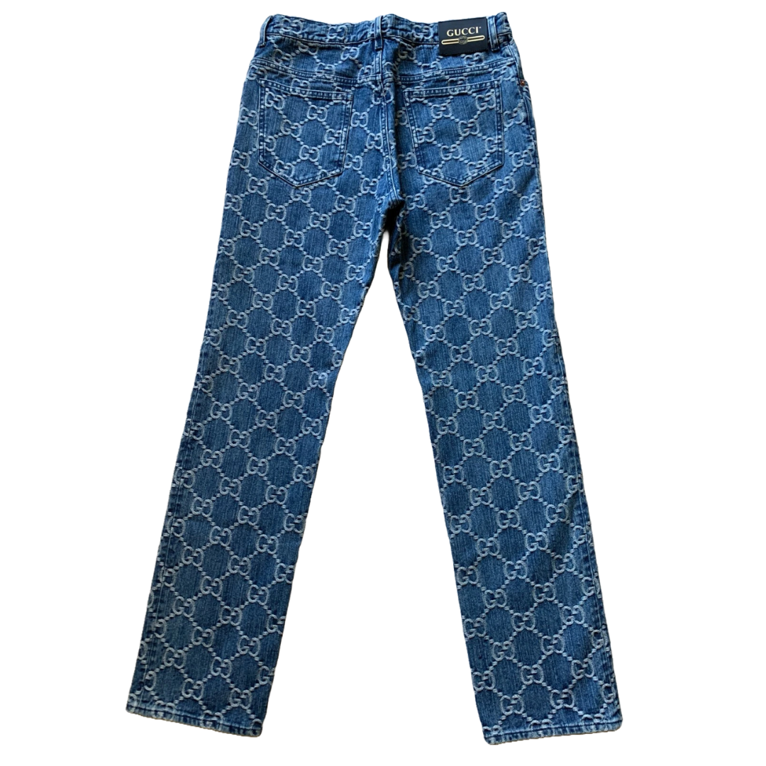 GUCCI MENS GG JACQUARD BLUE COTTON DENIM JEANS BLUE