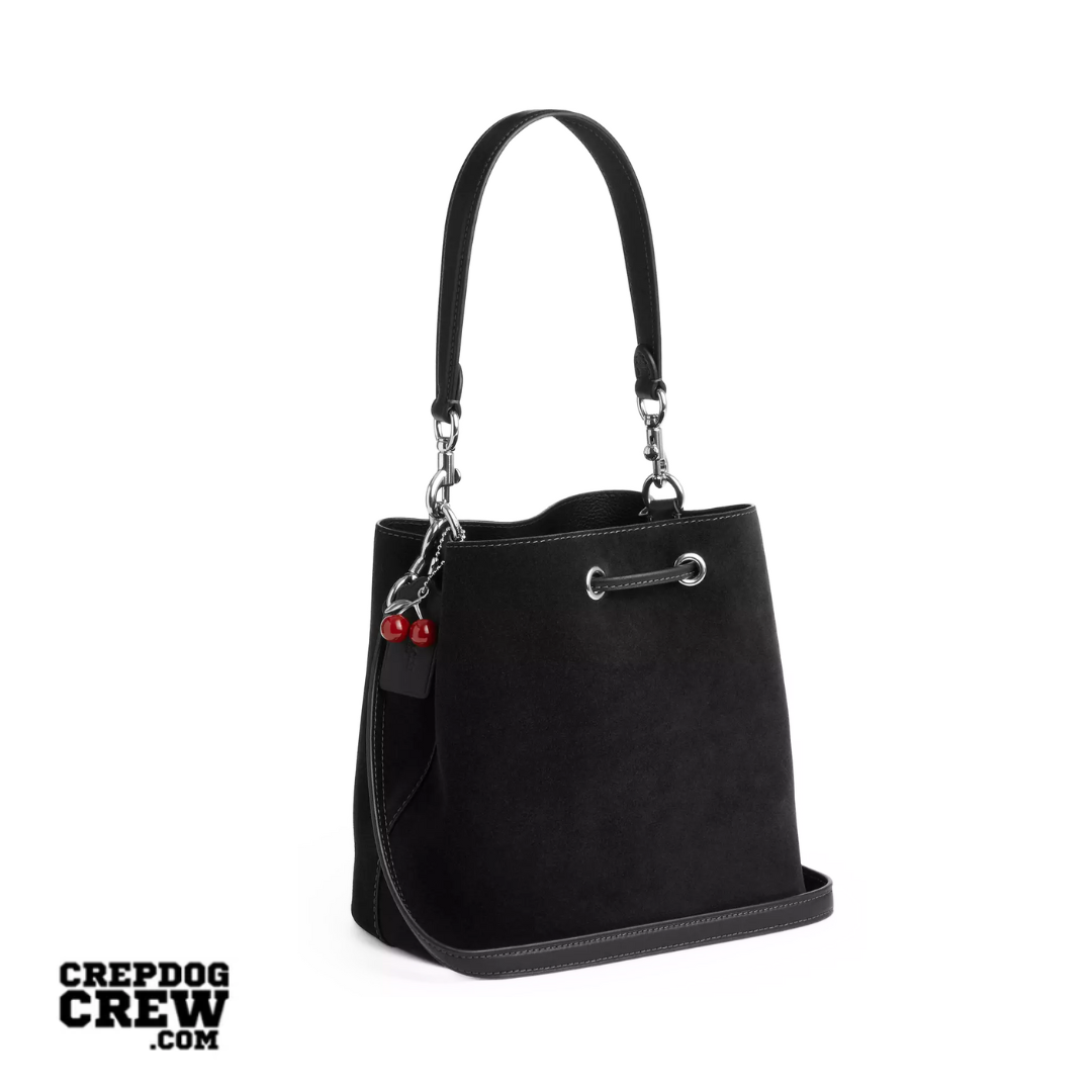 Coach Rowan Bucket Bag With Cherry Charm suede Silver Black