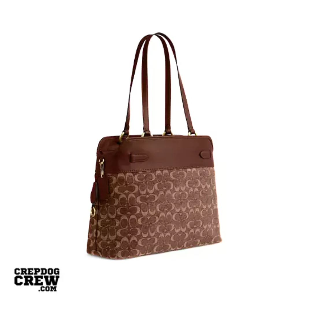 Coach Easton Tote Bag In Signature Chenille smooth leather Im Light Khaki Vintage Brown