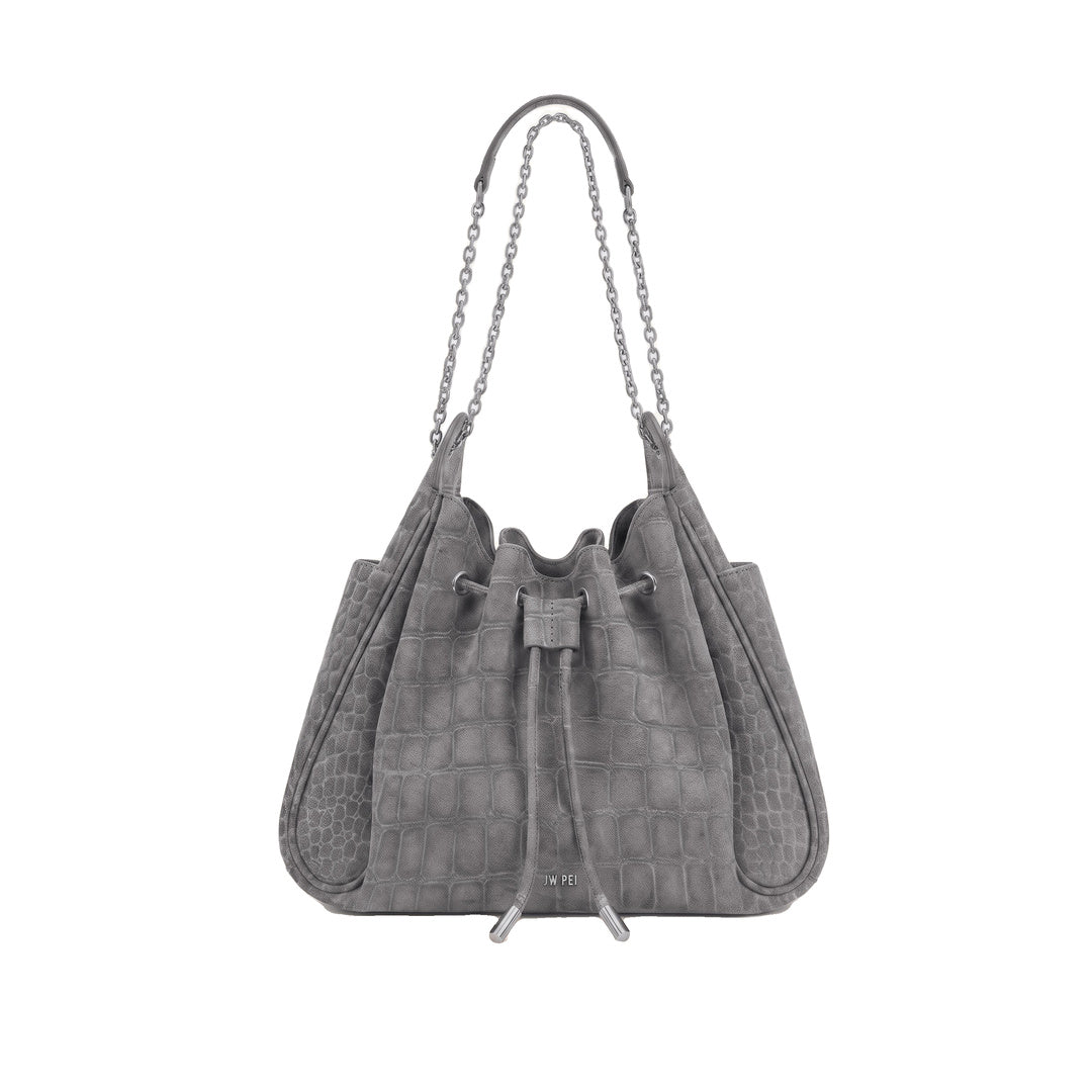 JW PEI Rowan Faux Suede Drawstring Chain Bucket Bag - Smog Gray Croc