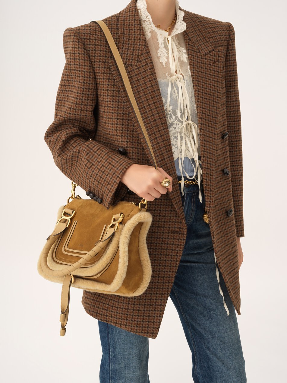 CHLOE Small Marcie bag in suede leather & shearling Summery Beige
