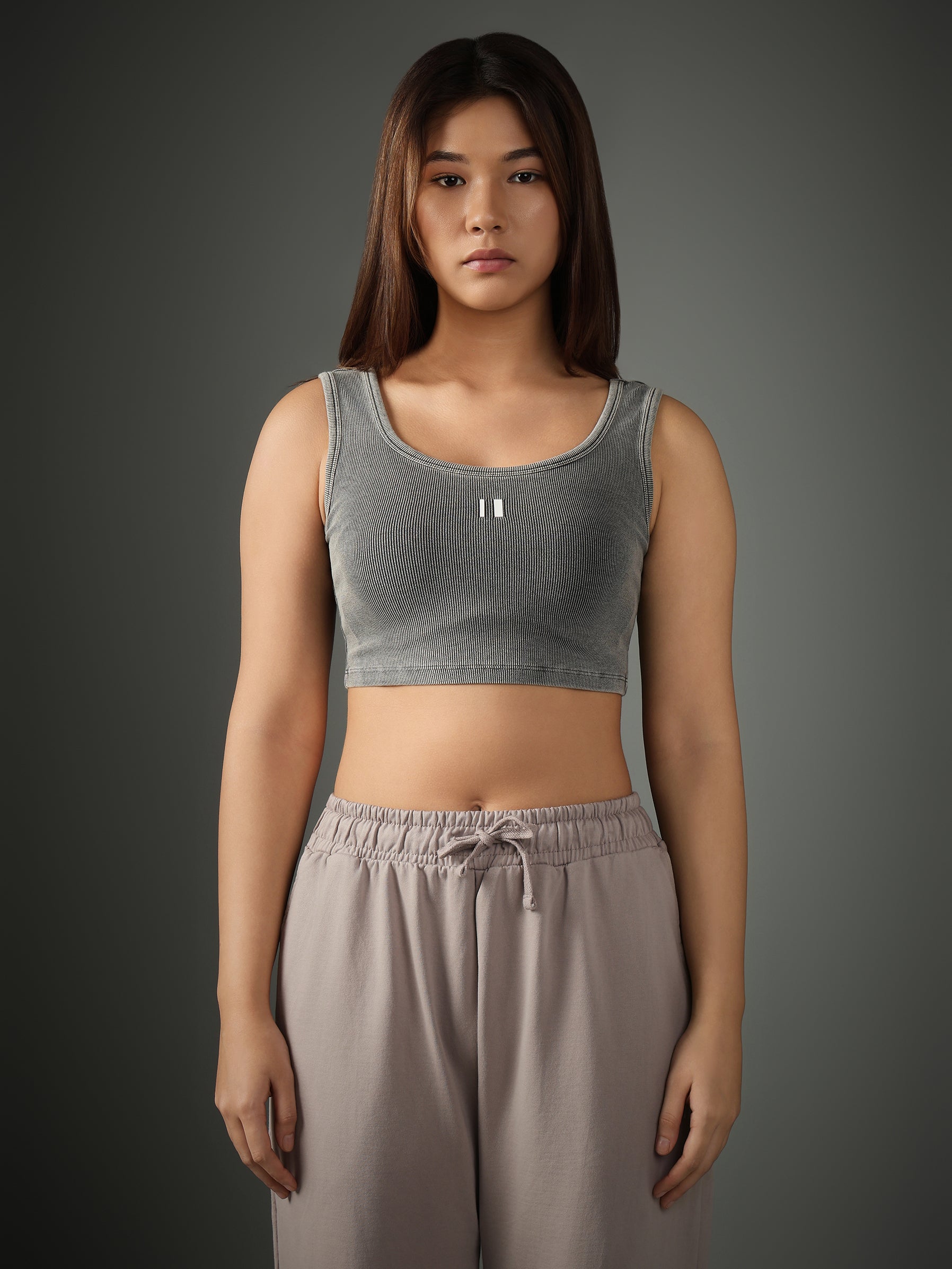 Grey Ribbed Crop Stone Wash