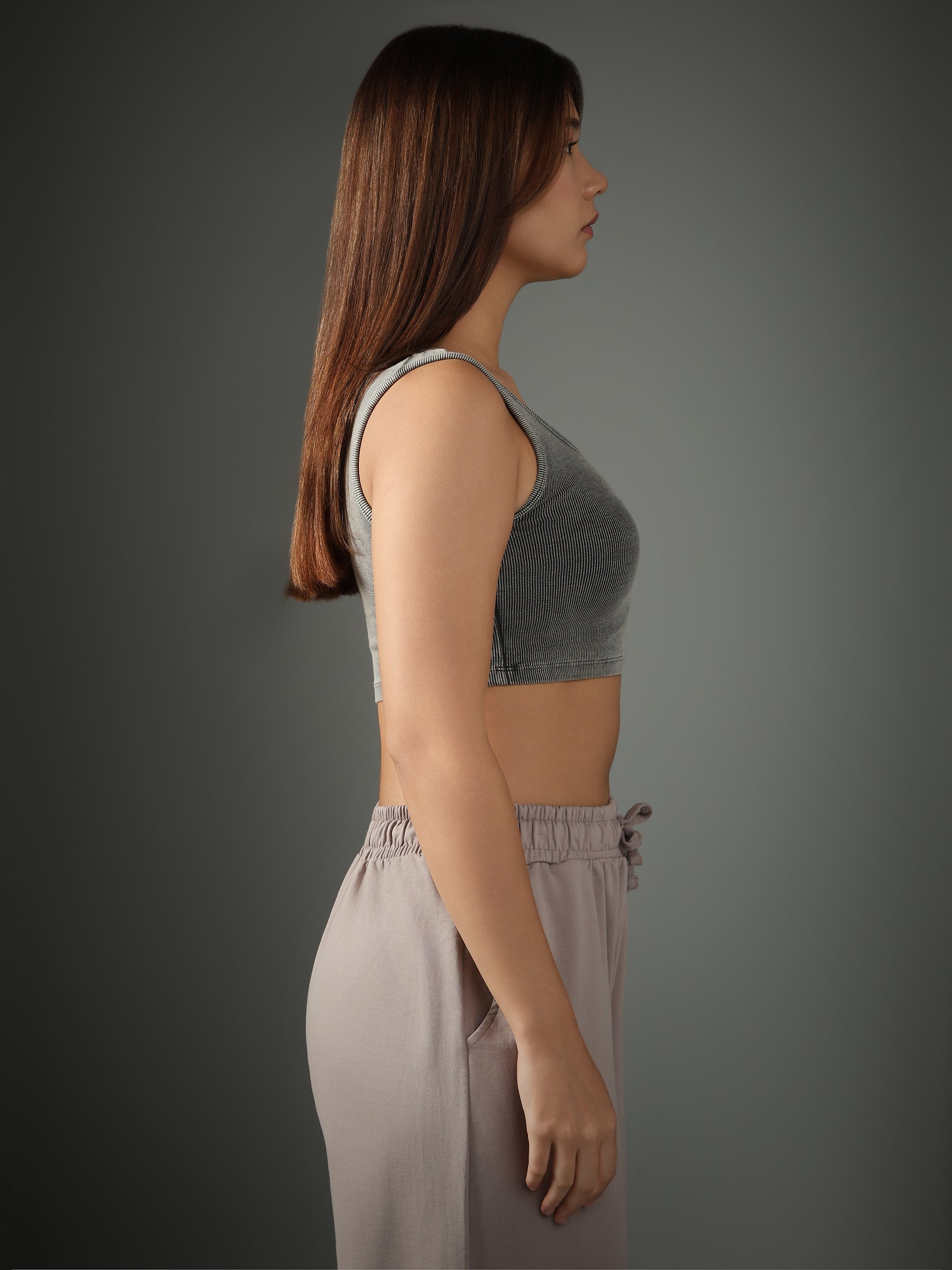 Grey Ribbed Crop Stone Wash