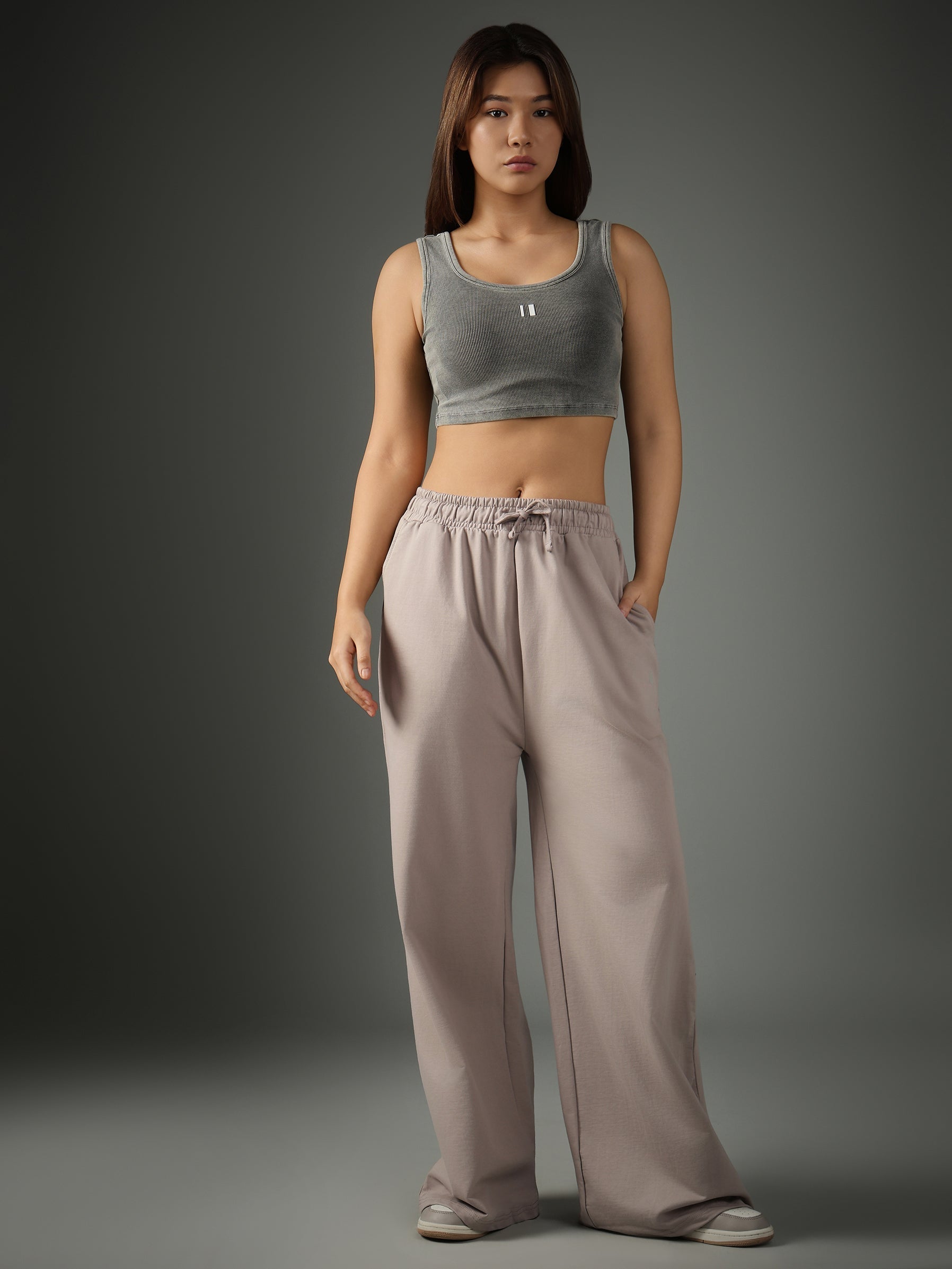 Grey Ribbed Crop Stone Wash