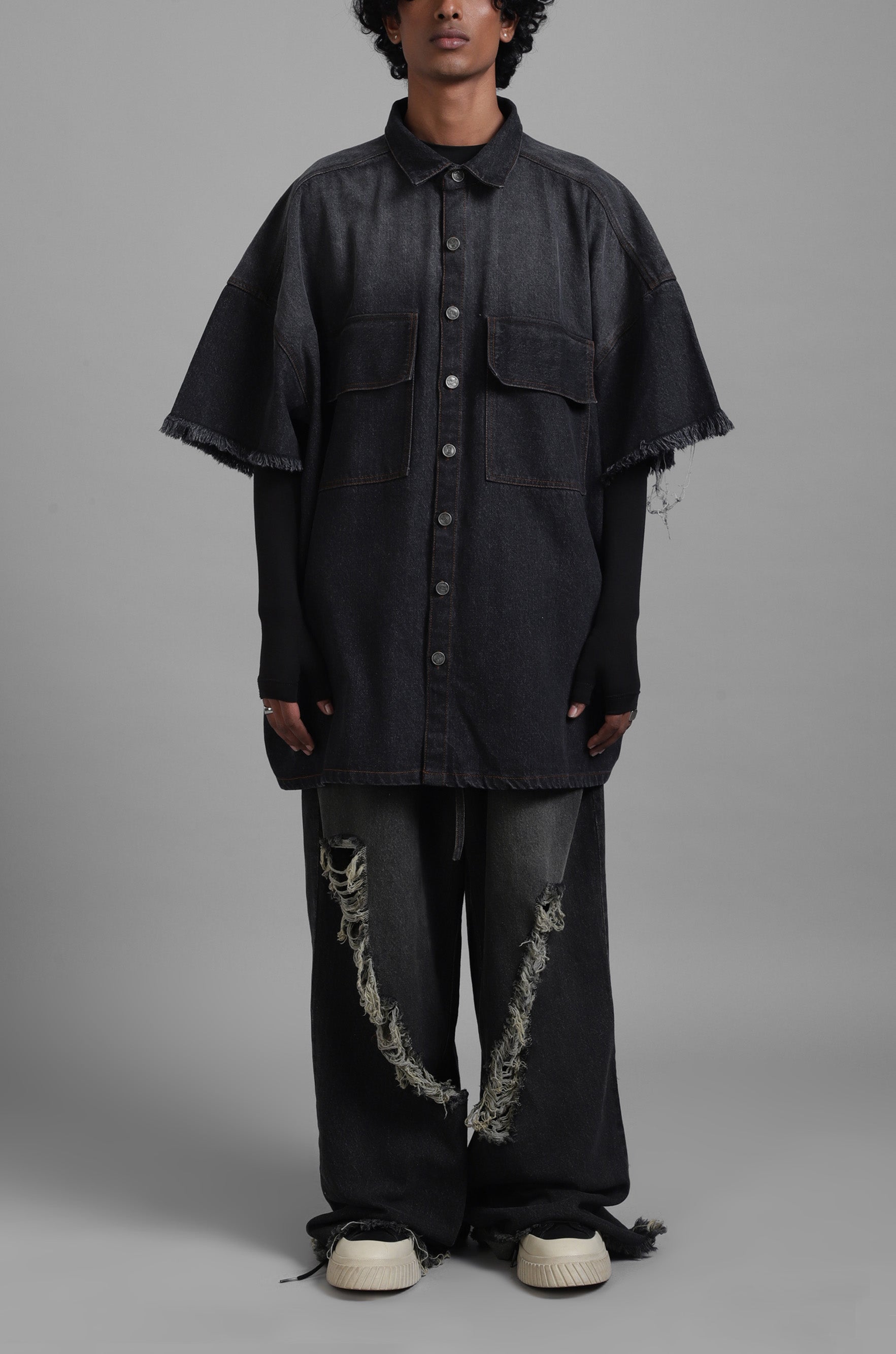 SuperHUEMN Dark Wash Faded Effect Denim Overshirt with Patched Pockets (Black)