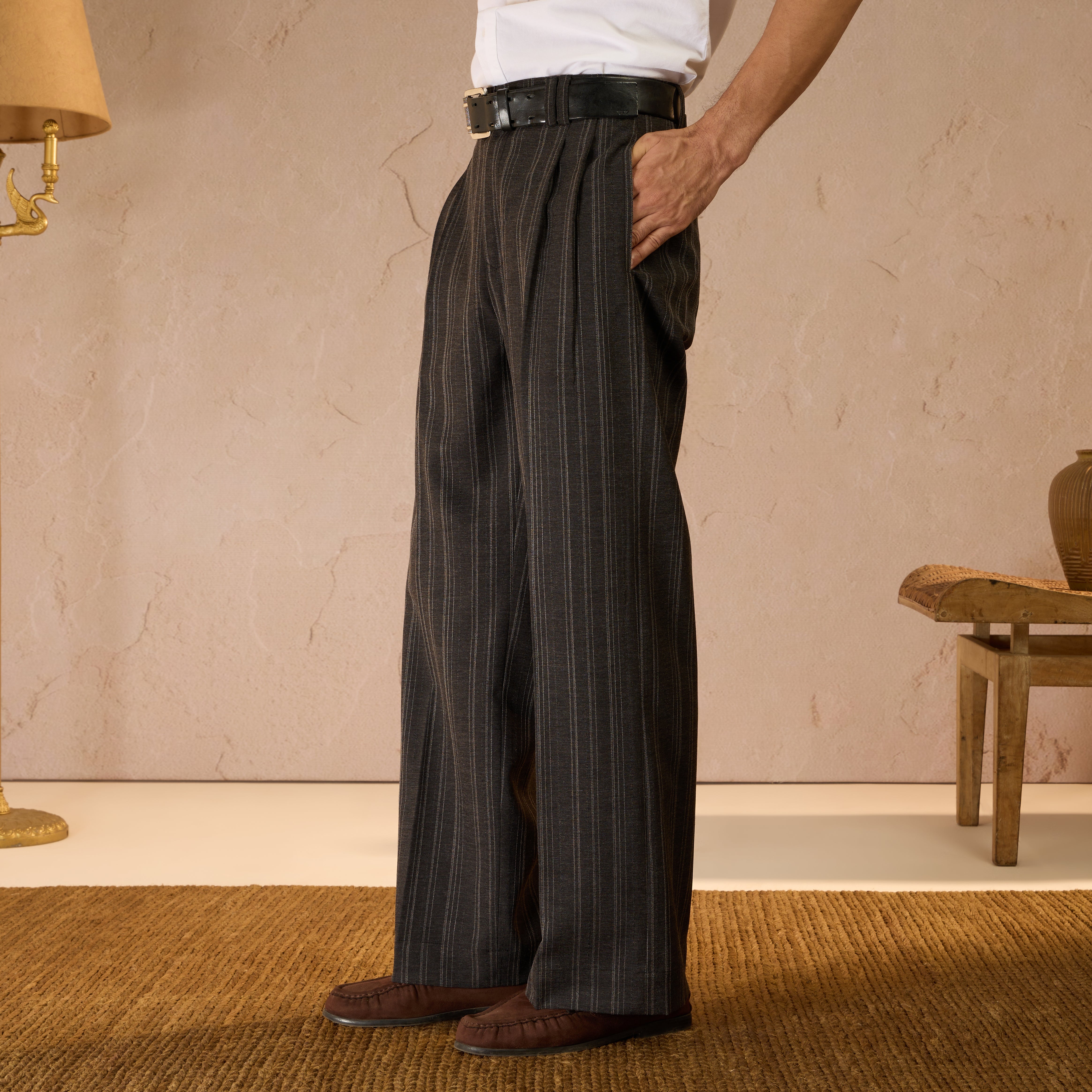 RELAXED FIT  PINSTRIPE TROUSERS - BLACK
