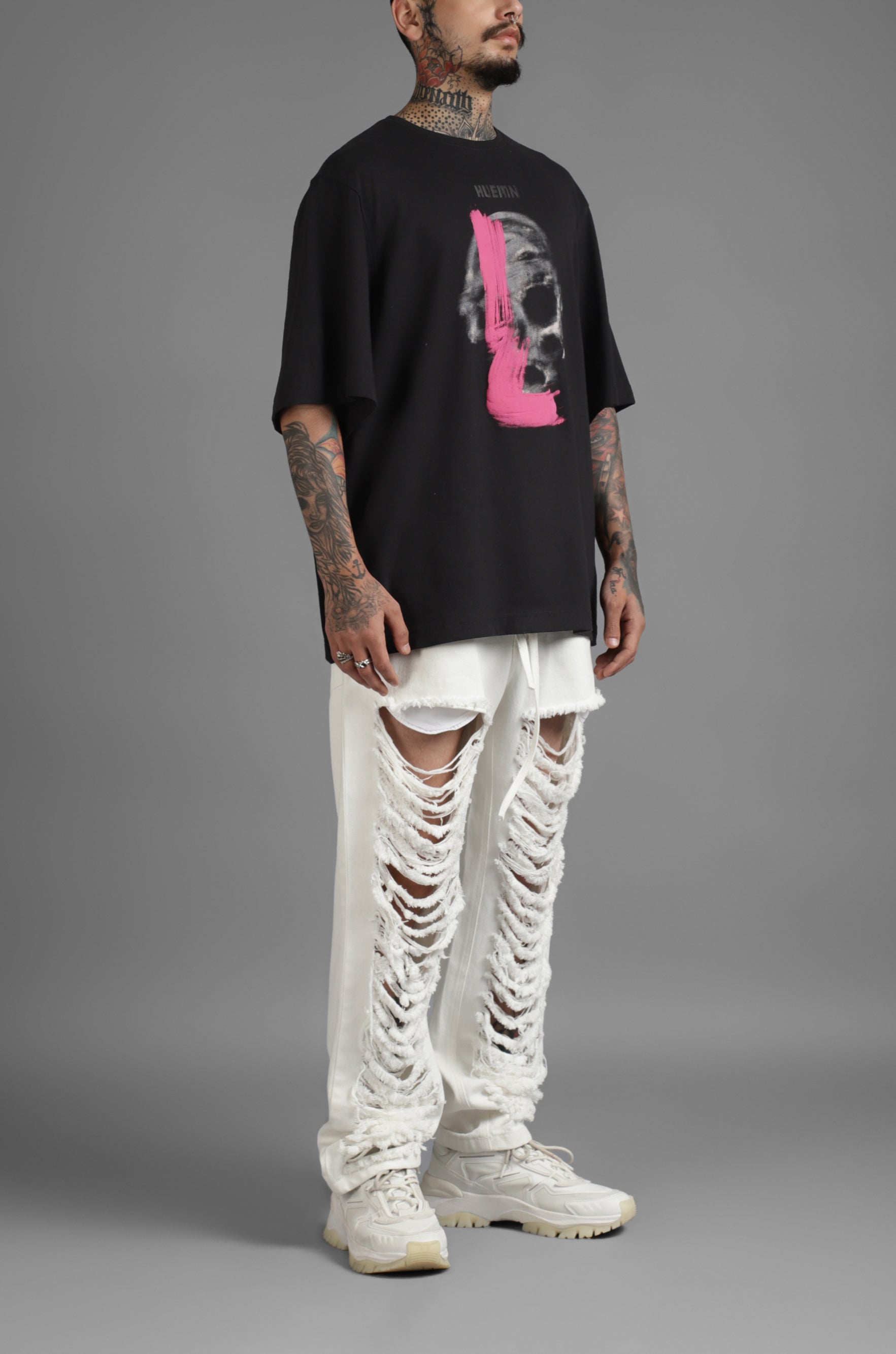 SuperHUEMN Slit and Frayed Denim (White)