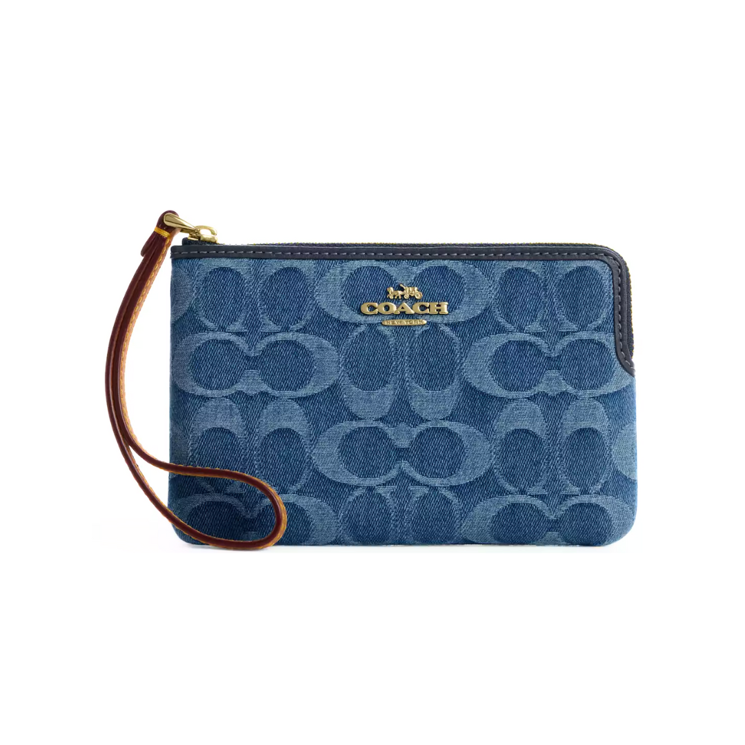 Coach Corner Zip Wristlet In Signature Denim Gold Indigo