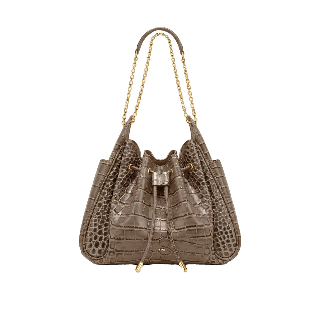 JW PEI Rowan Ruched Drawstring Chain Bucket Bag - Sand Brown Croc