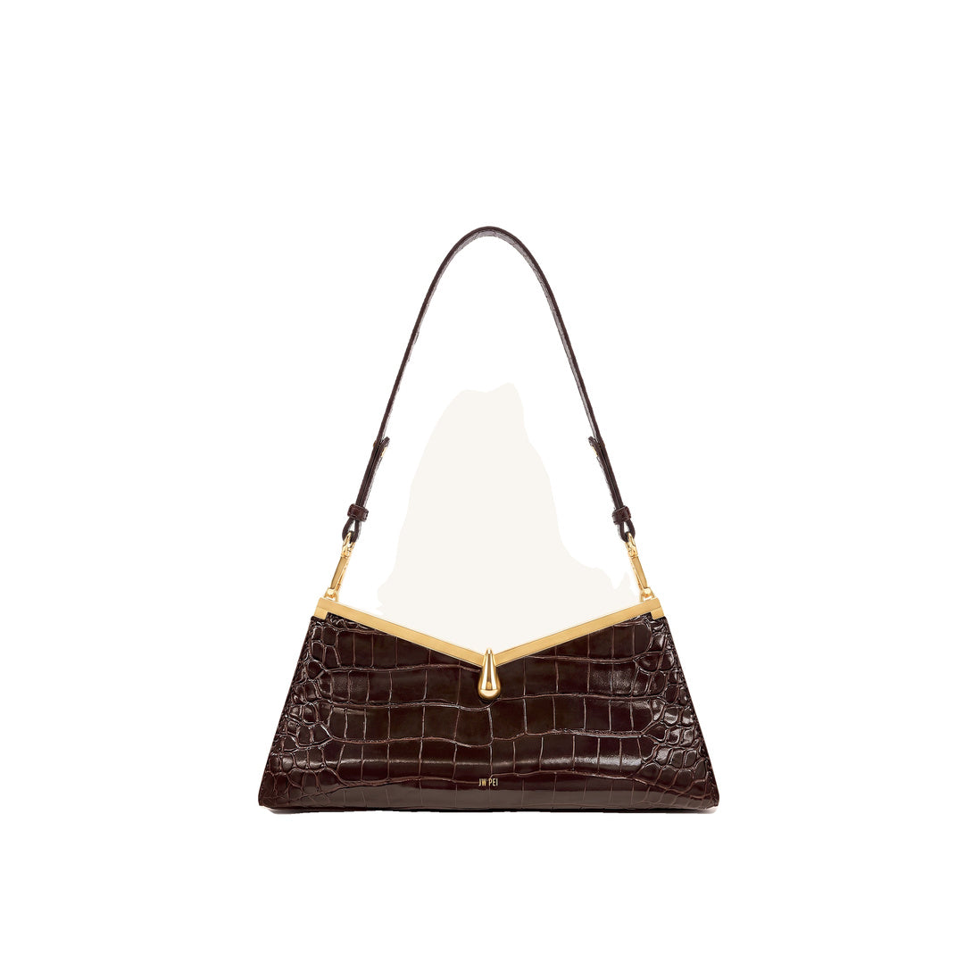 JW PEI Nerina V-Frame Shoulder Bag - Dark Brown Croc