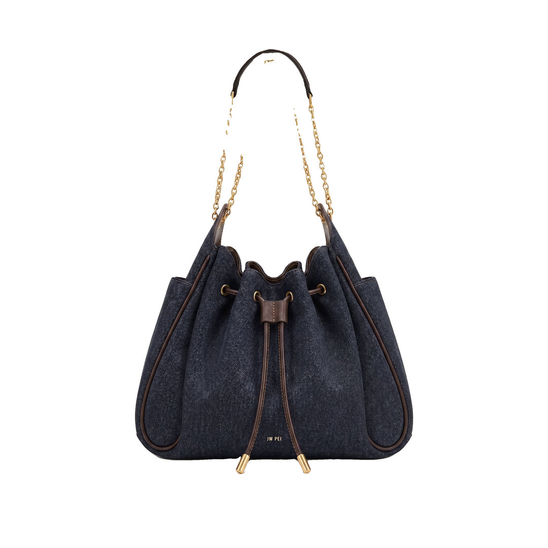 JW PEI Rowan Ruched Drawstring Chain Bucket Bag - Black Blue Denim