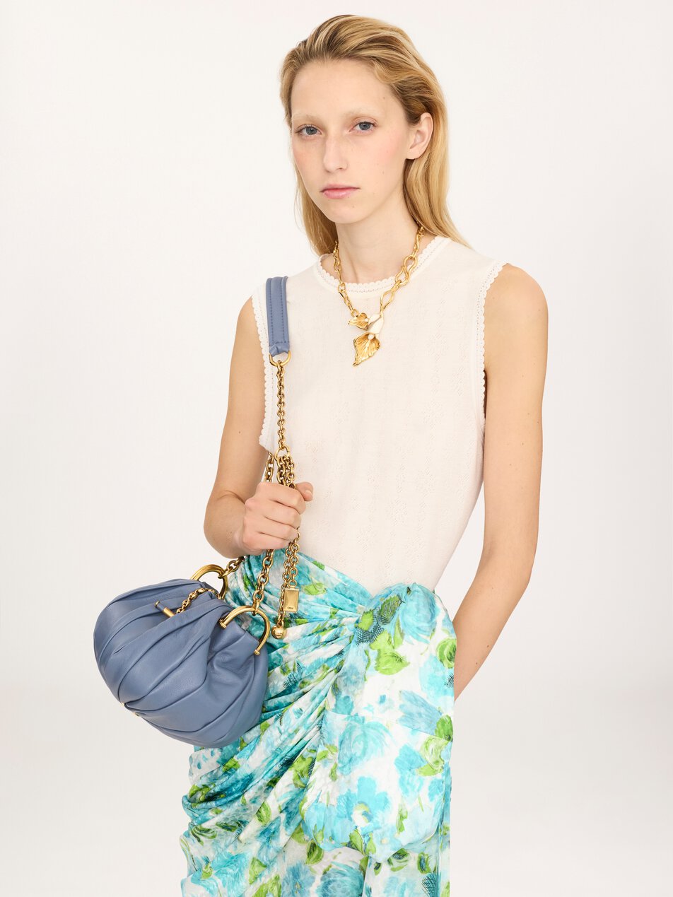 CHLOE Plissé shoulder bag with chain in pleated leather Ashes Blue