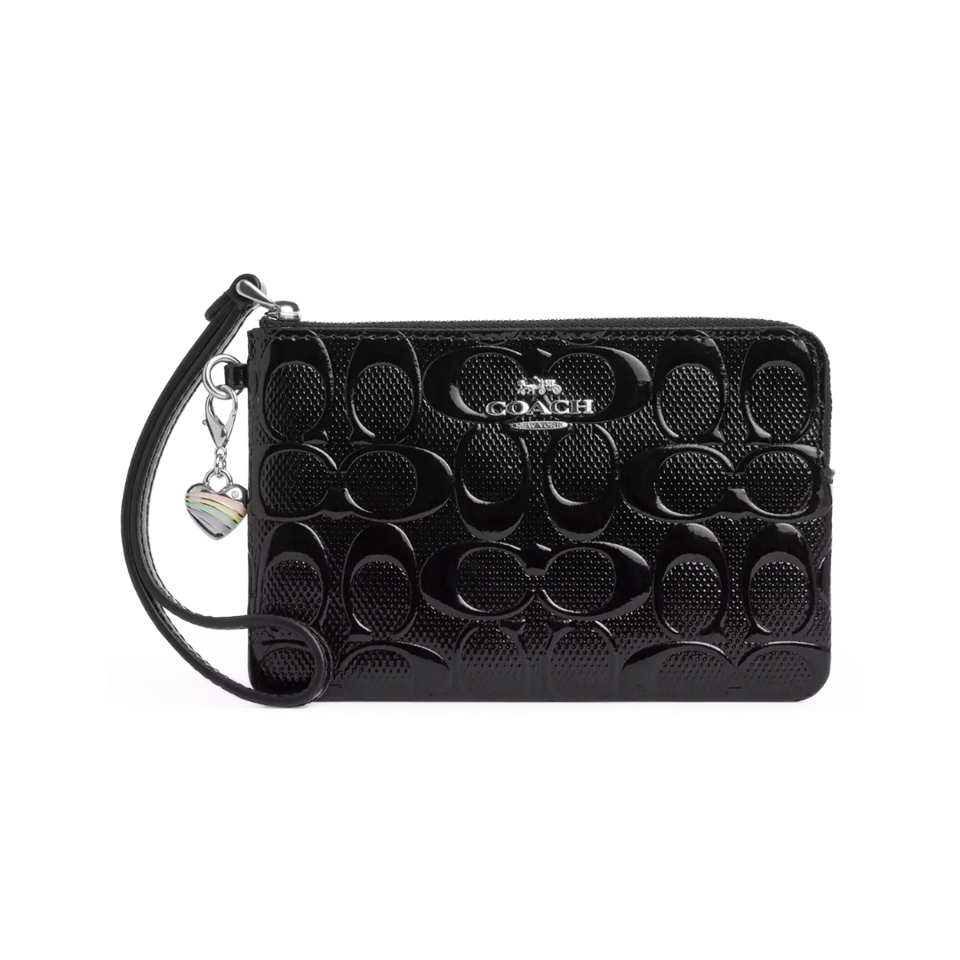 Coach Corner Zip Wristlet In Signature Leather With Heart Charm patent leather Silver