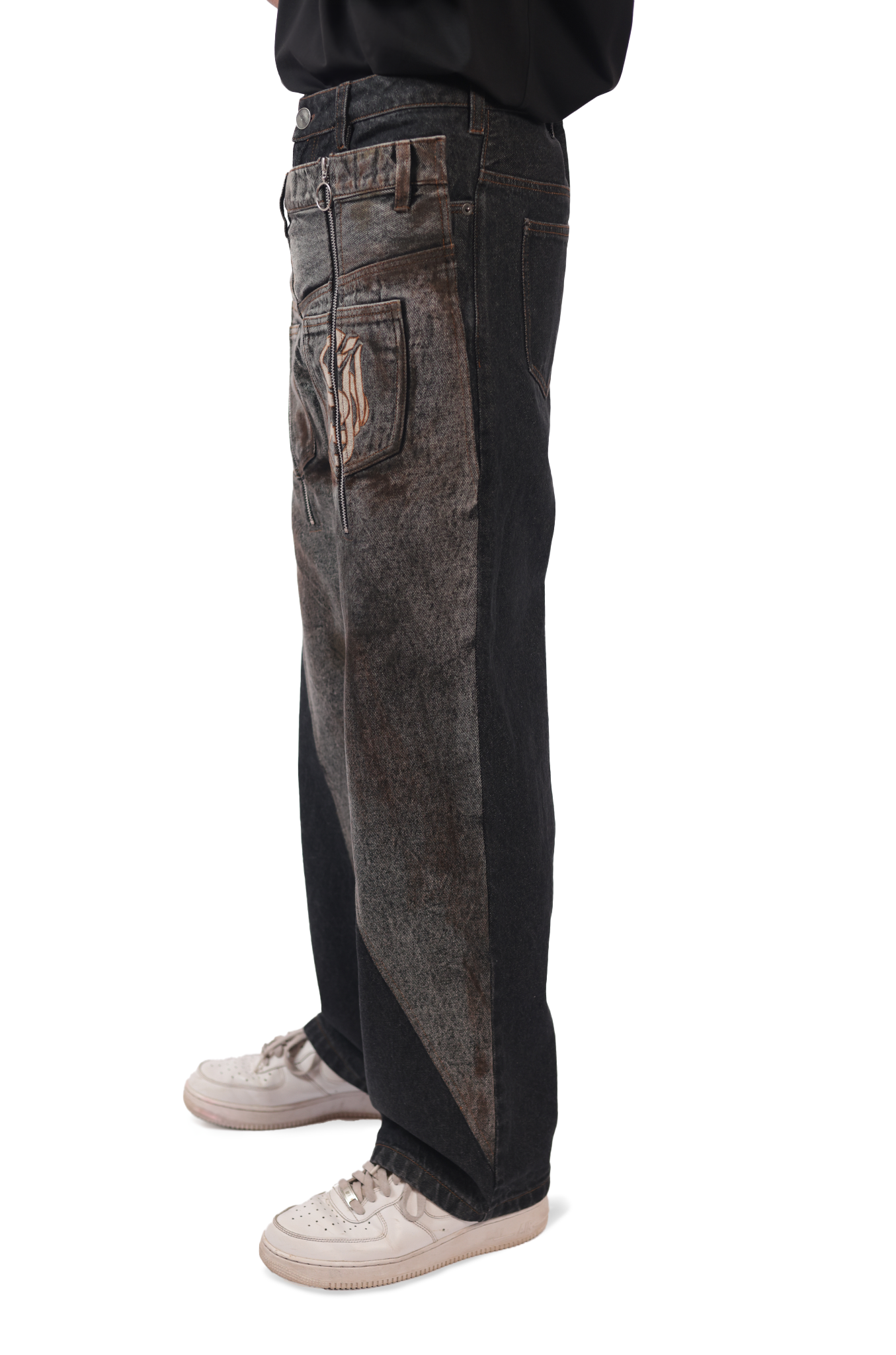 Shreyas Iyer x HUEMN de-constructed denim with a hand-painted mud-washed panel (Black)