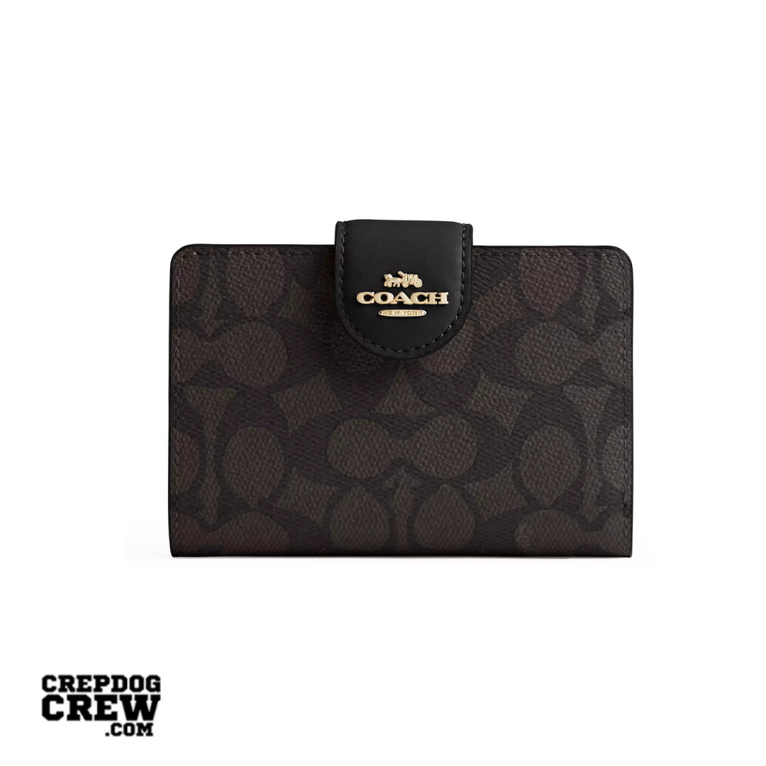 Coach Medium Corner Zip Wallet In Signature Canvas Gold Walnut Black