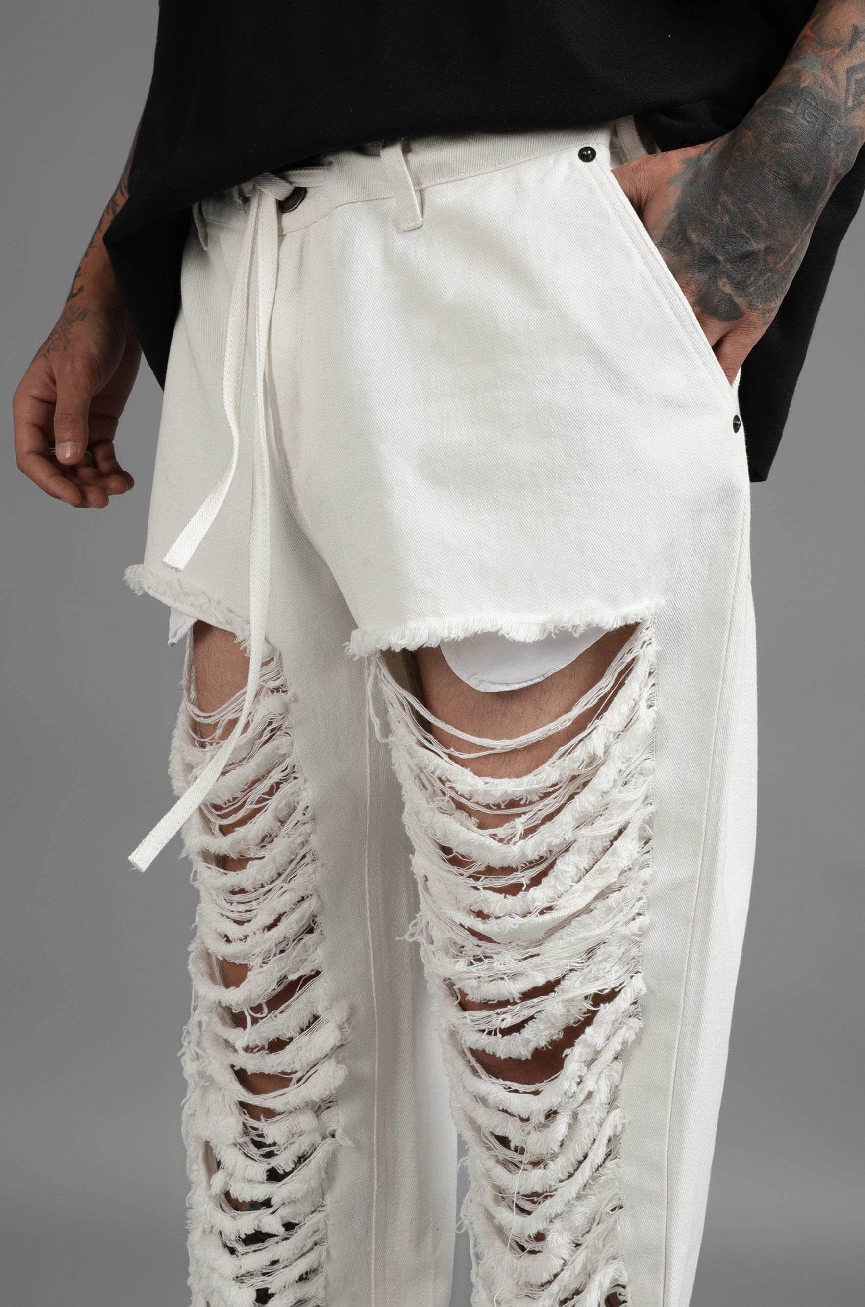 SuperHUEMN Slit and Frayed Denim (White)