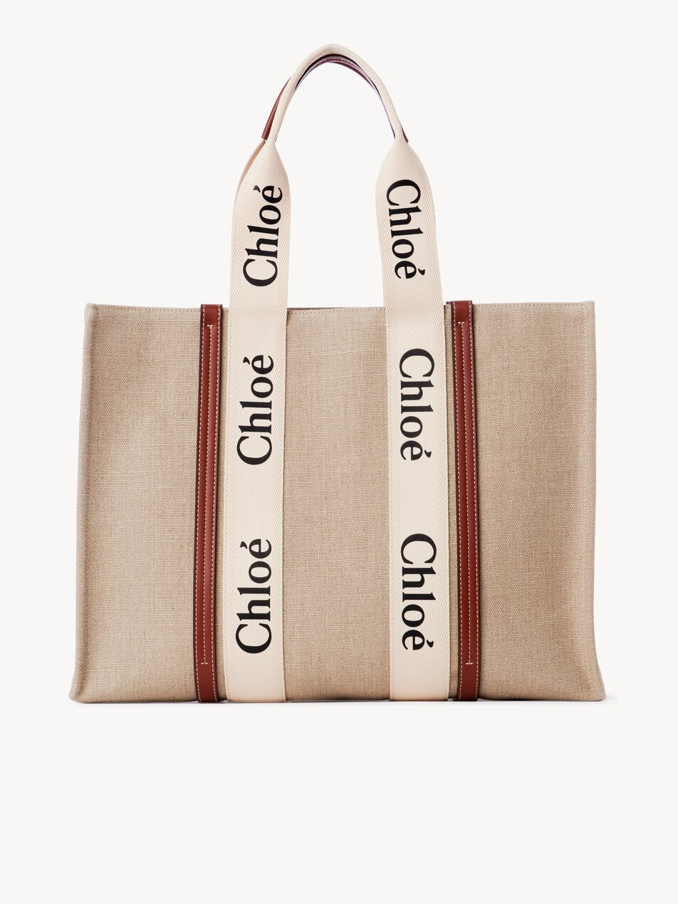 CHLOE Large Woody tote bag in linen White - Brown