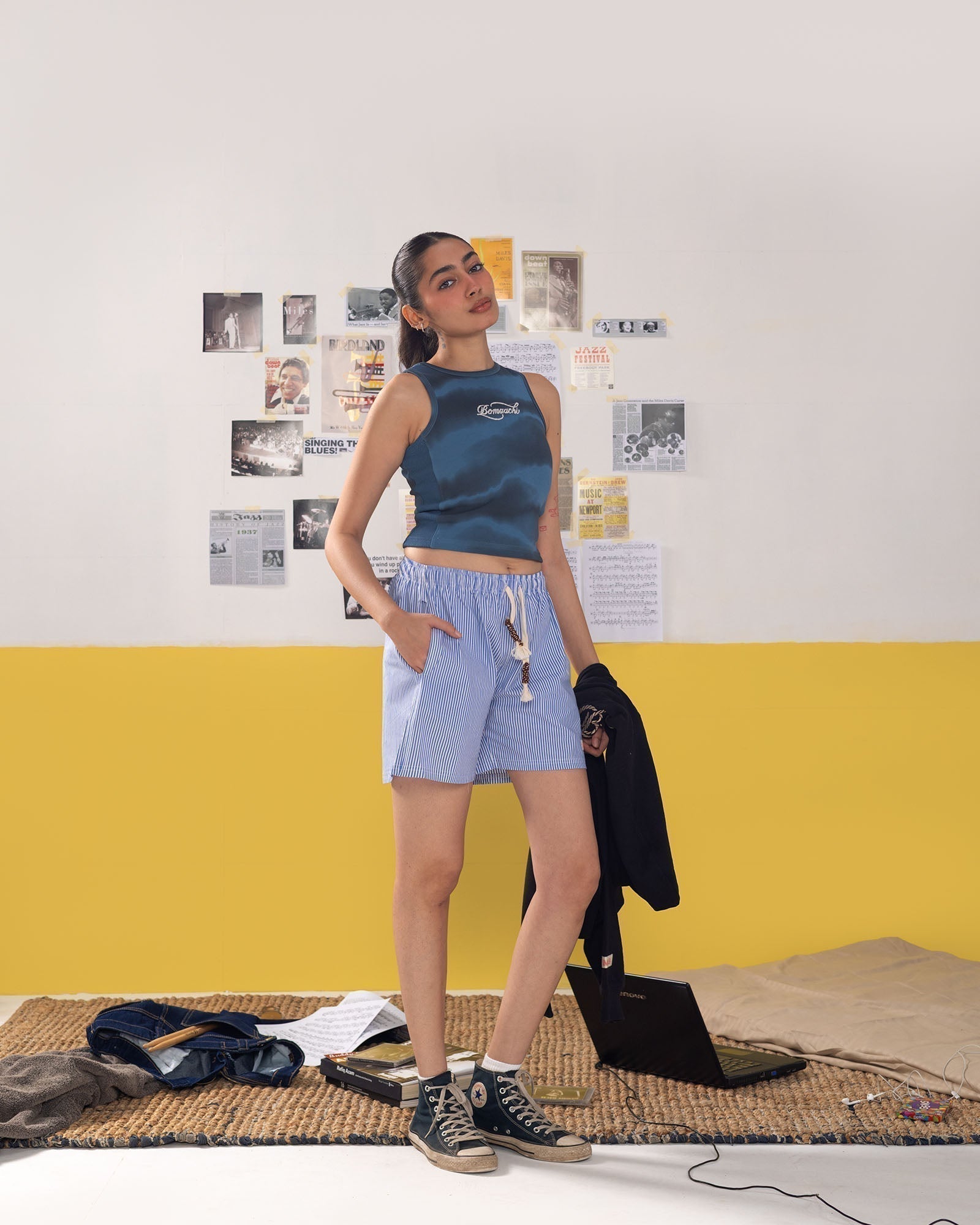 Rope Embroidered Blue Tank Top