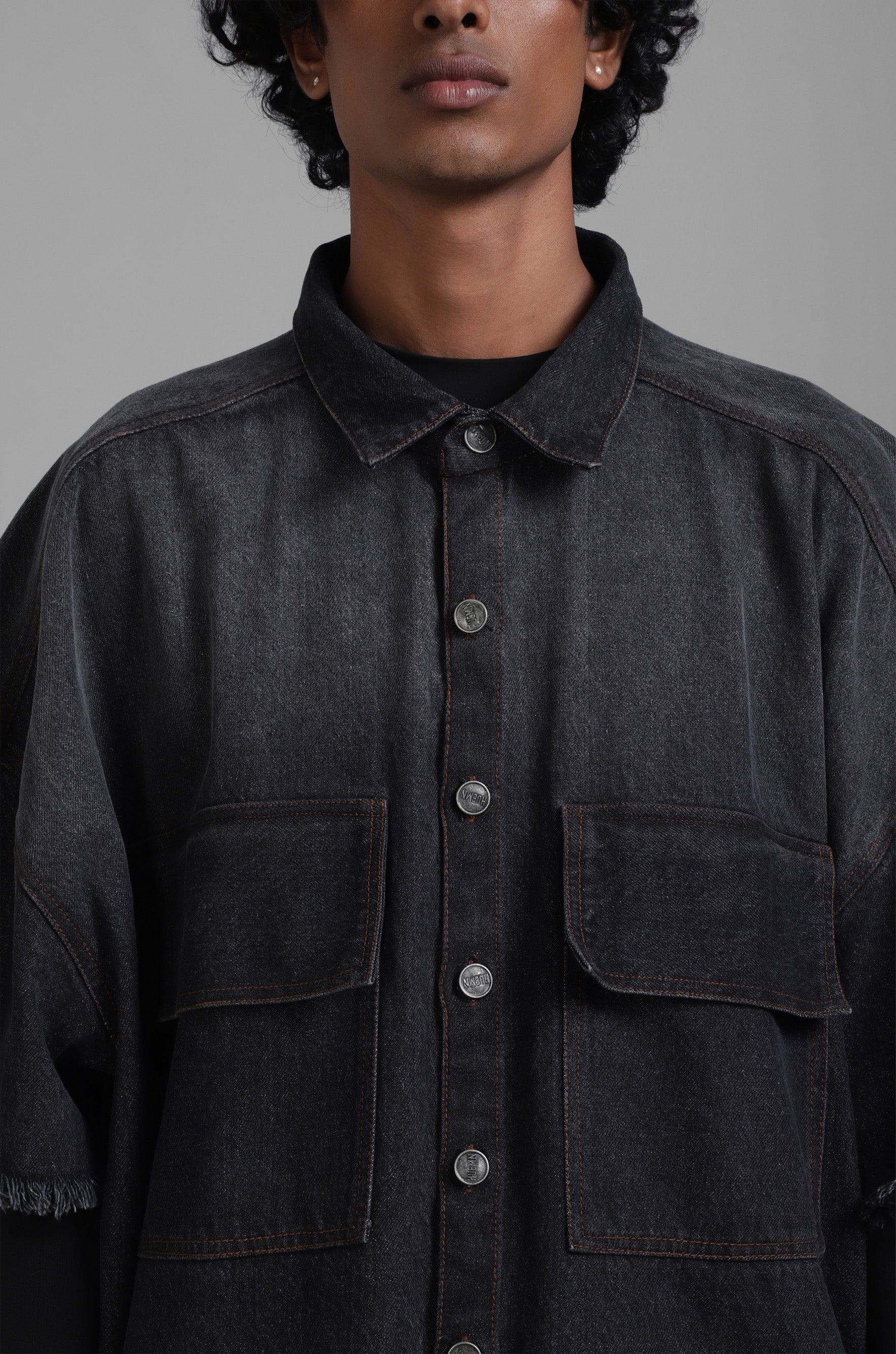 SuperHUEMN Dark Wash Faded Effect Denim Overshirt with Patched Pockets (Black)