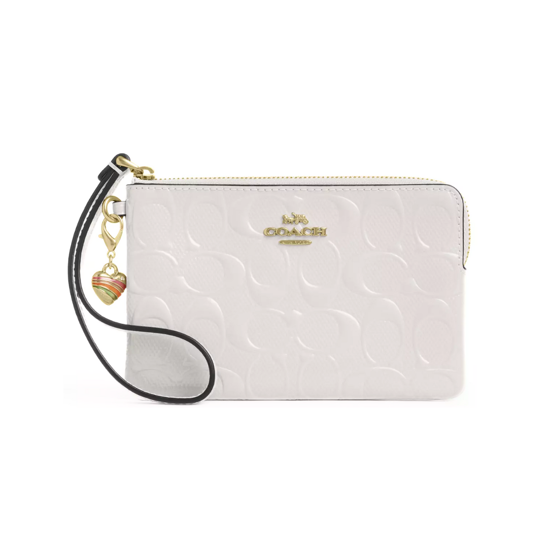 Coach Corner Zip Wristlet In Signature Leather With Heart Charm patent leather Gold Chalk