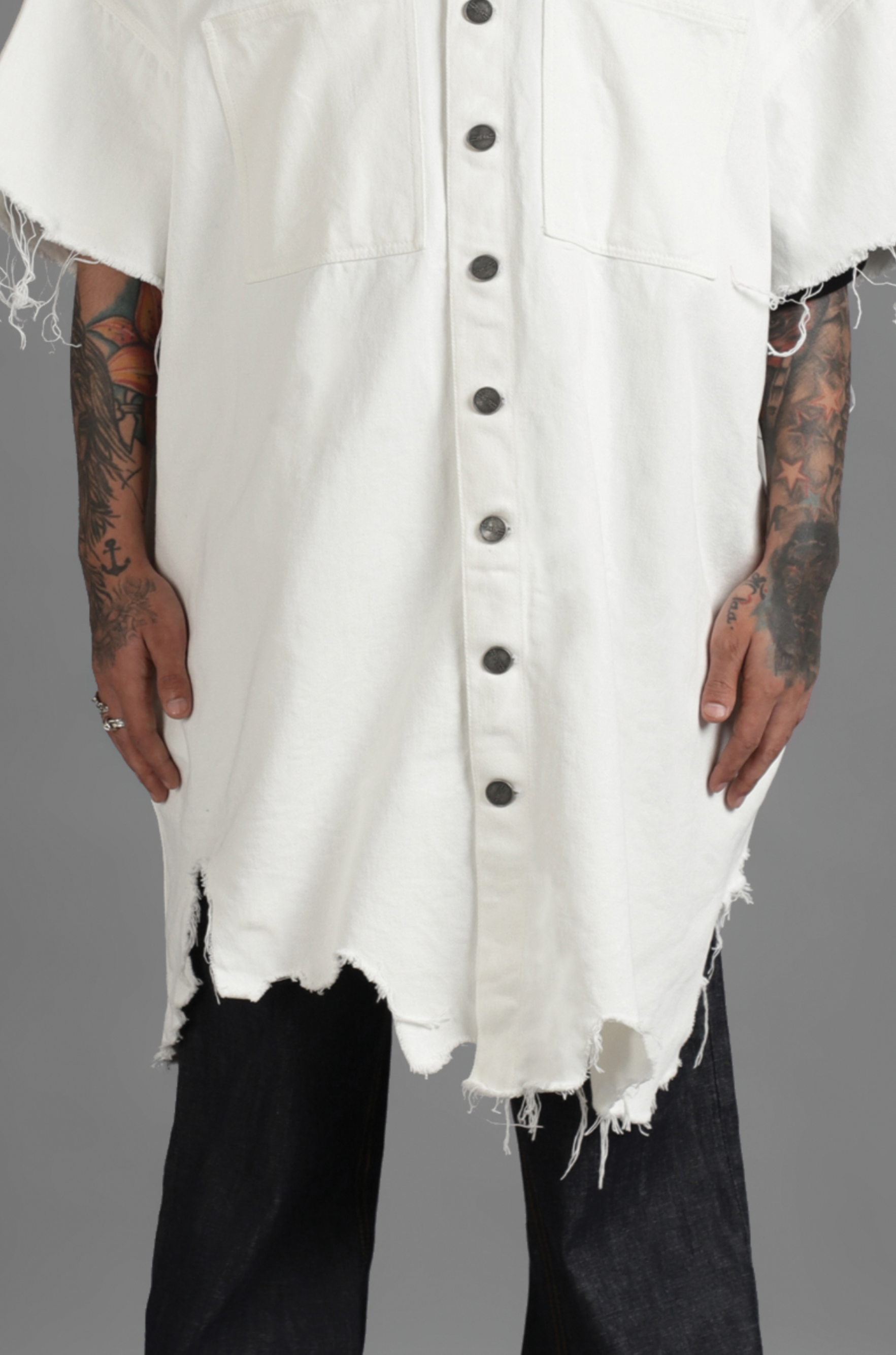 SuperHUEMN Denim Oversized Asymmetric Longline Shirt (White)
