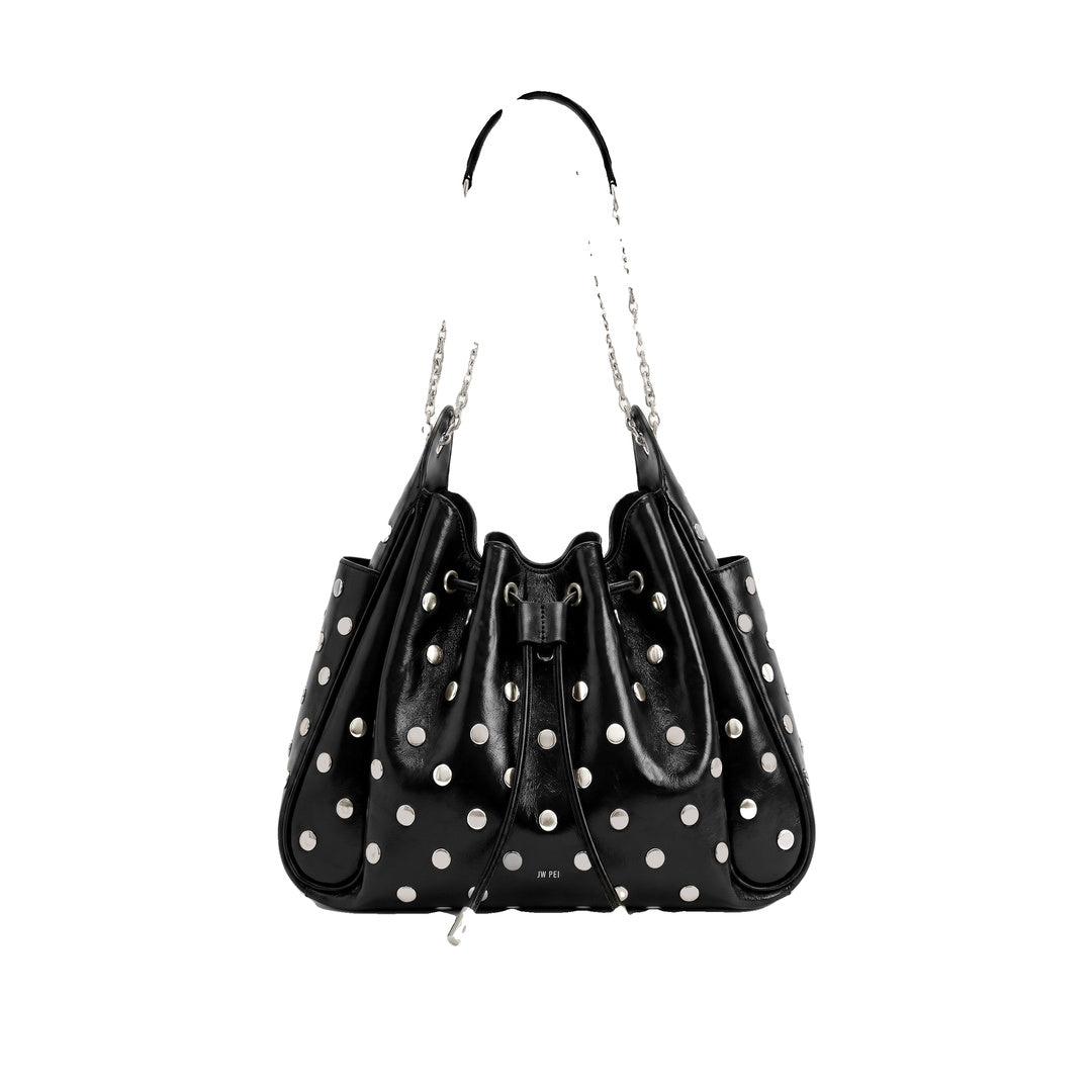 JW PEI Rowan Studded Ruched Drawstring Chain Bucket Bag - Shiny Black