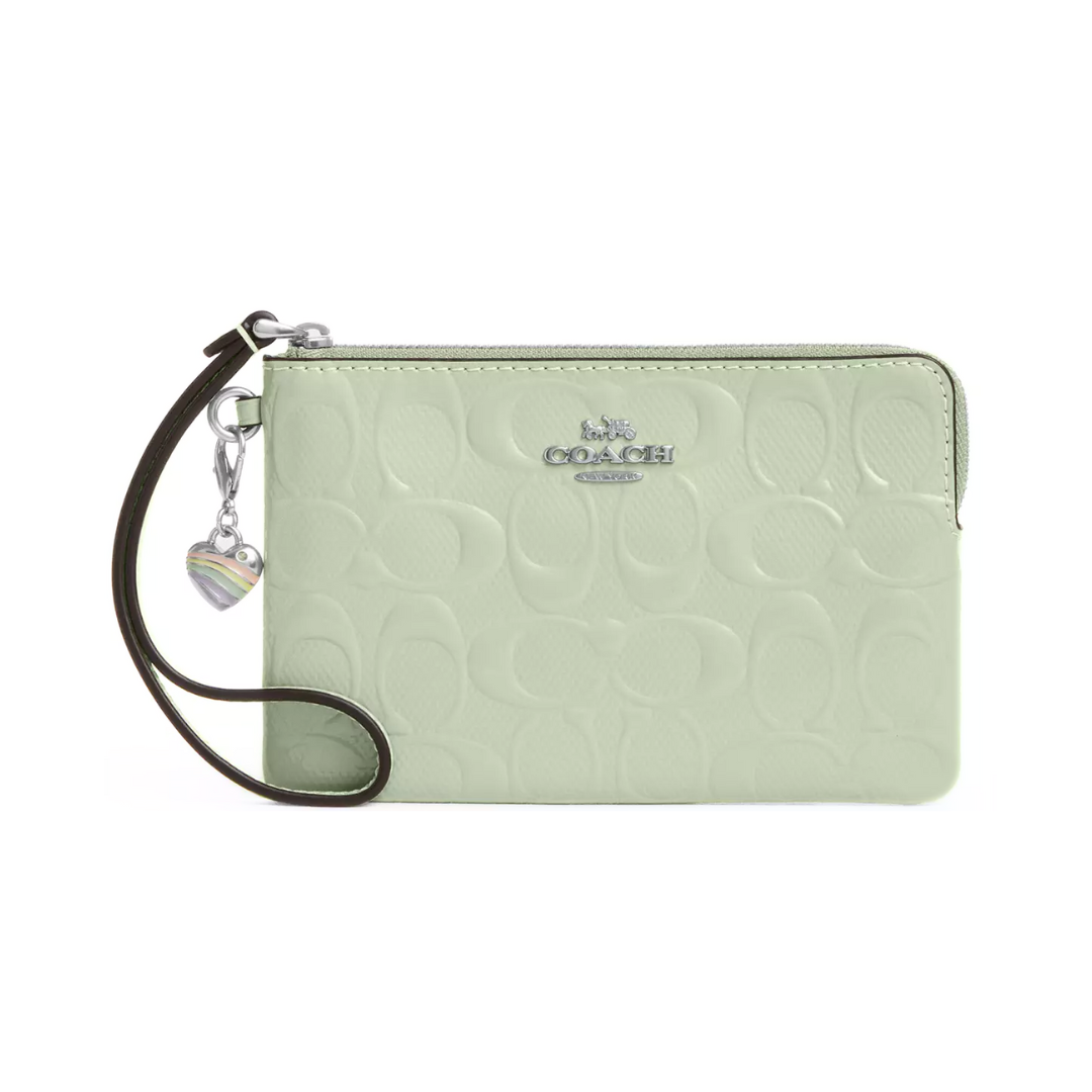 Coach Corner Zip Wristlet In Signature Leather With Heart Charm patent leather Silver Pale Green
