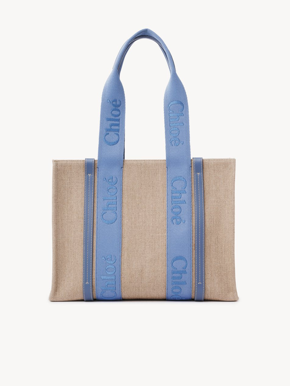 CHLOE Woody tote bag in linen Ashes Blue