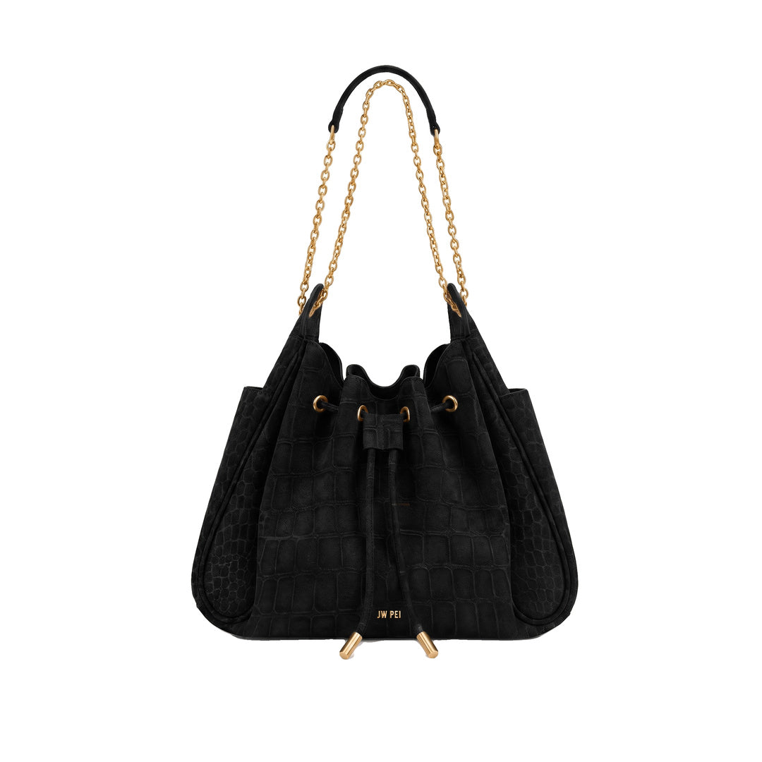 JW PEI Rowan Faux Suede Drawstring Chain Bucket Bag - Cool Black Croc